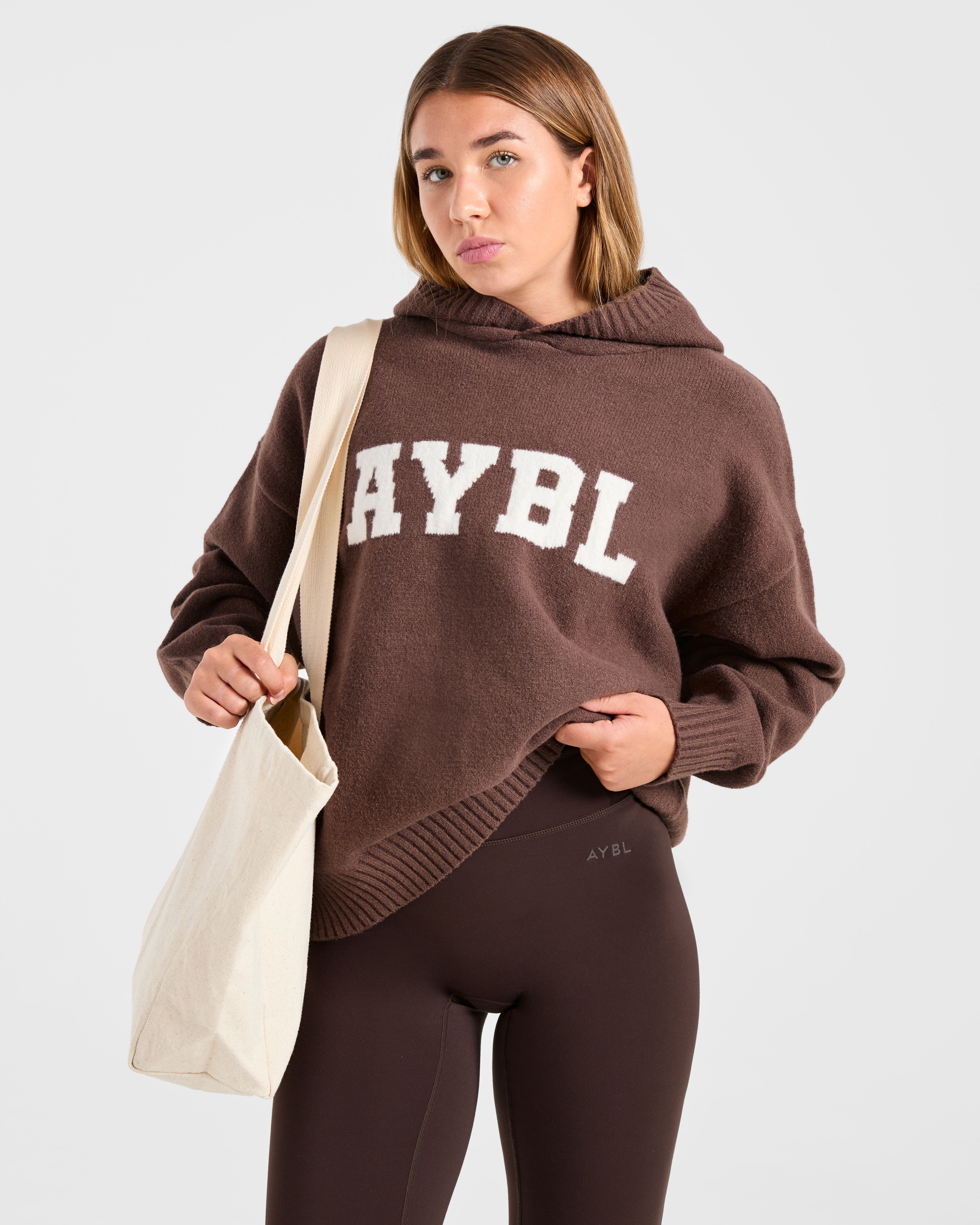 Varsity Oversized Knitted Hoodie - Braun