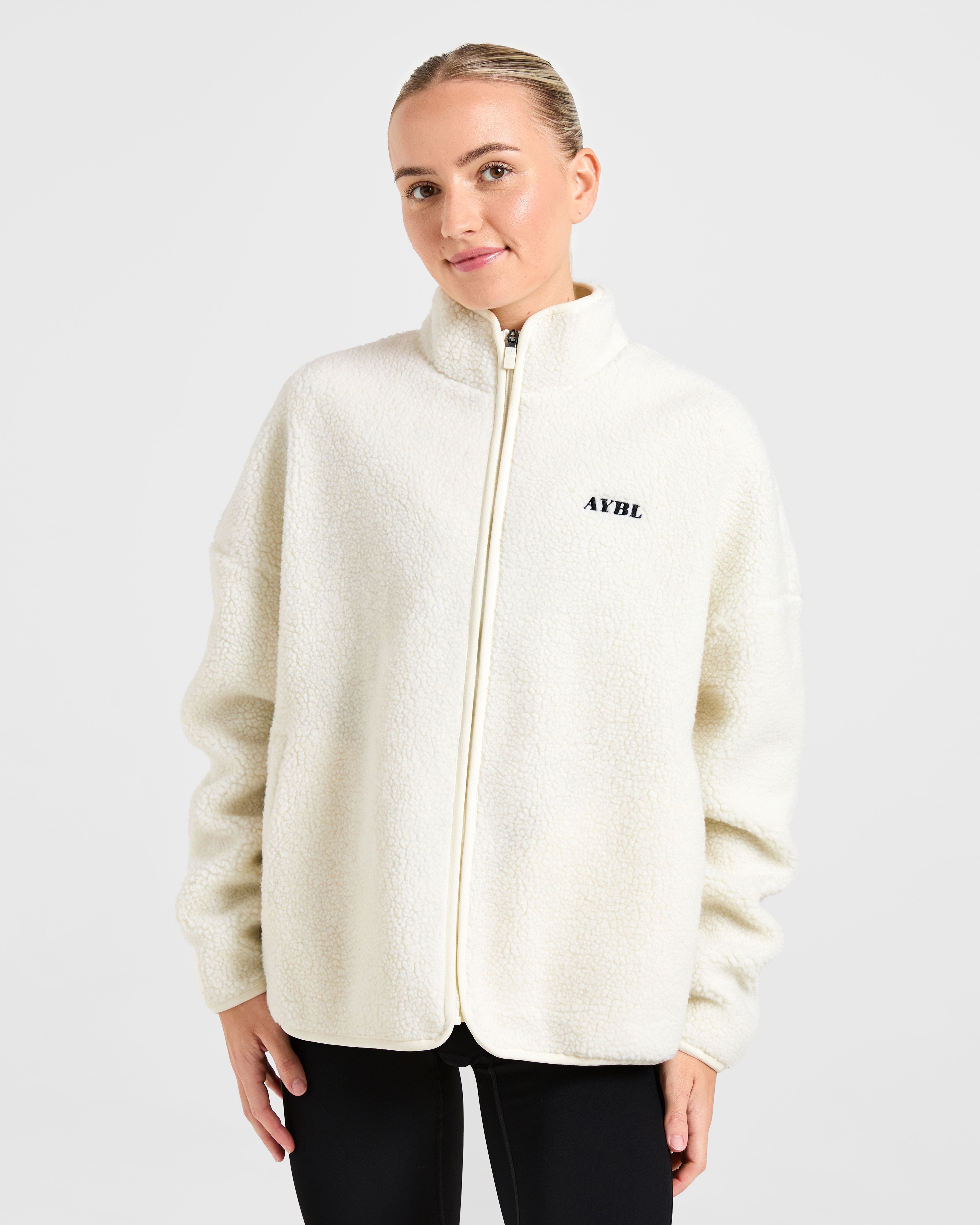 Oversized Zip Up Fleece Jacket - Creme