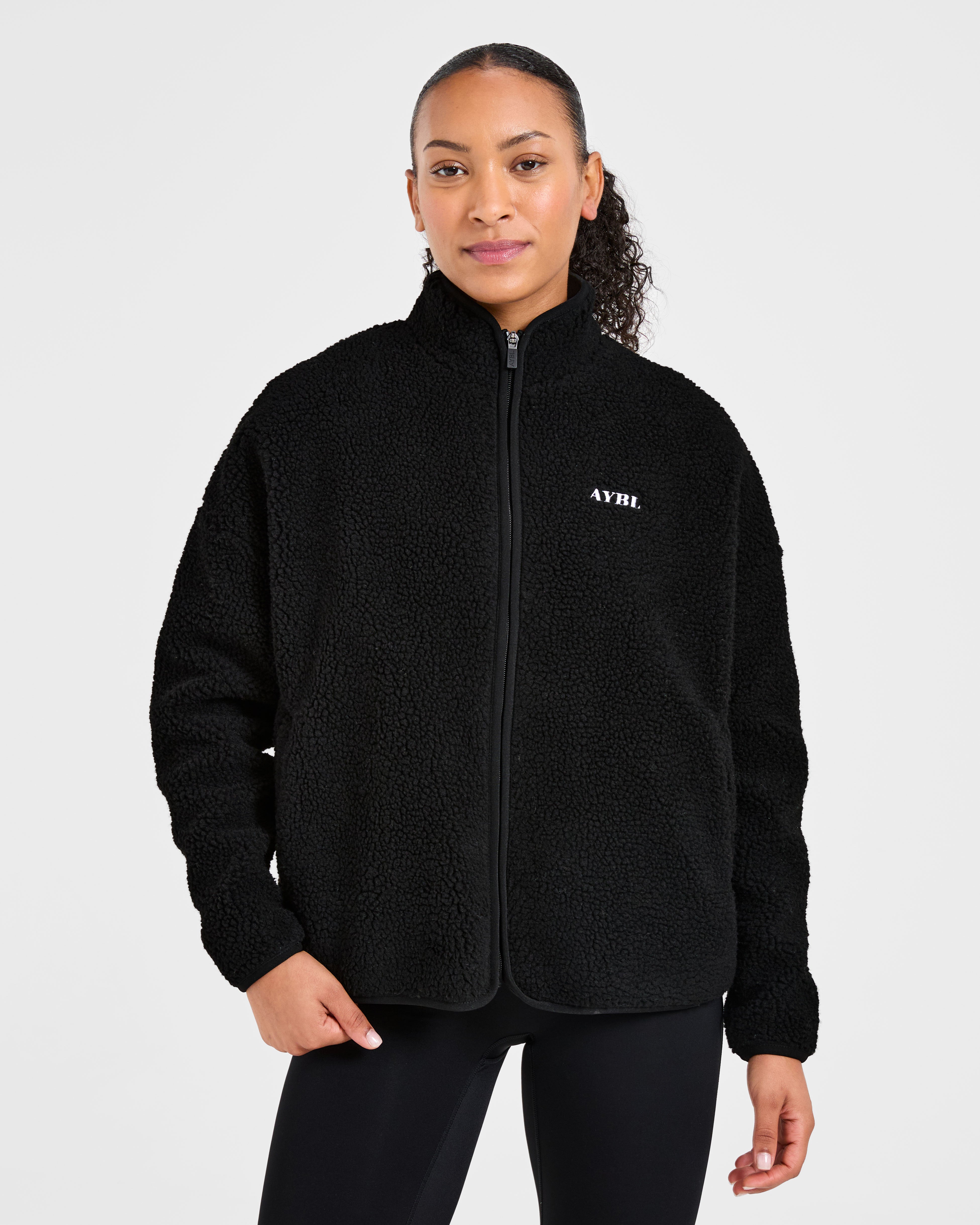 Oversized Zip Up Fleece Jacket - Schwarz