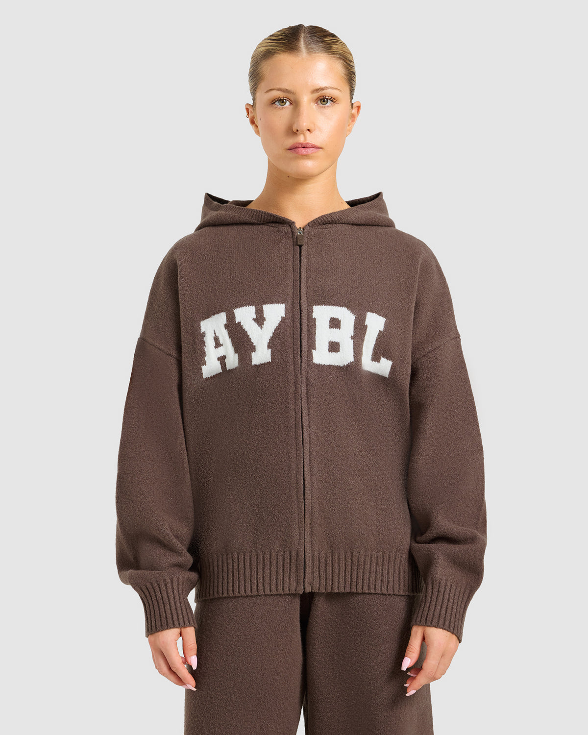 Varsity Oversized Knitted Zip Up Hoodie - Braun