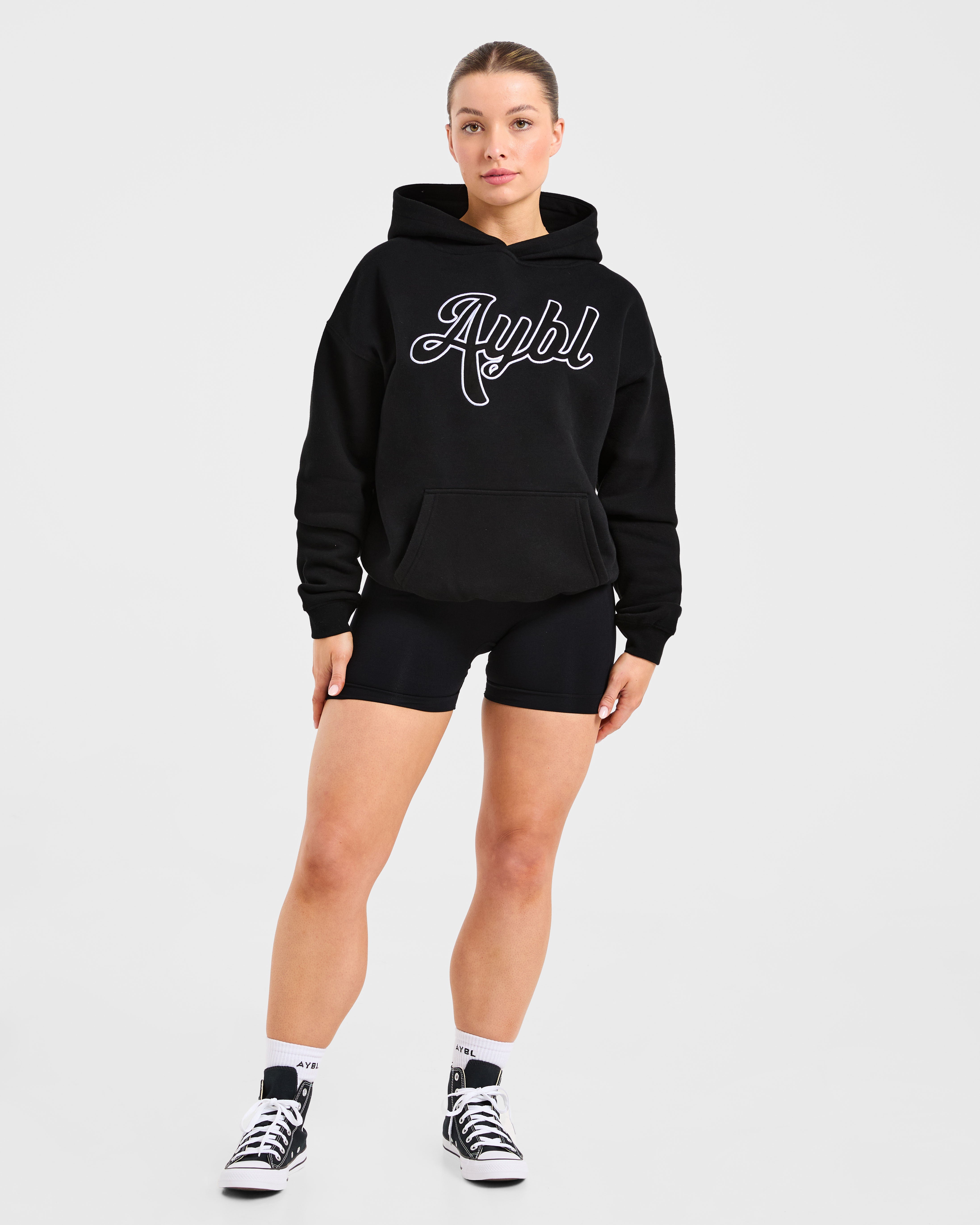 Script Embroidered Oversized Hoodie - Schwarz