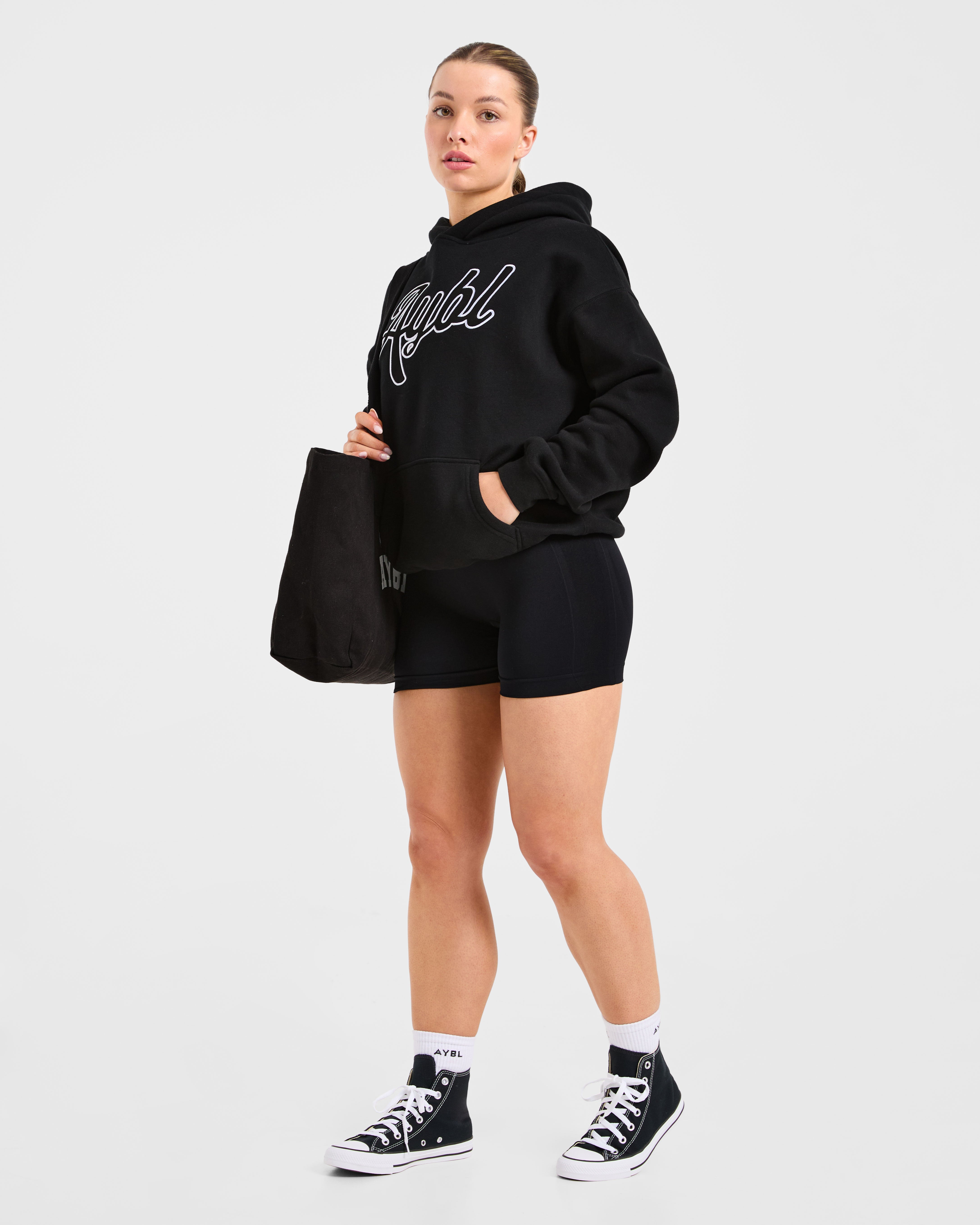 Script Embroidered Oversized Hoodie - Schwarz