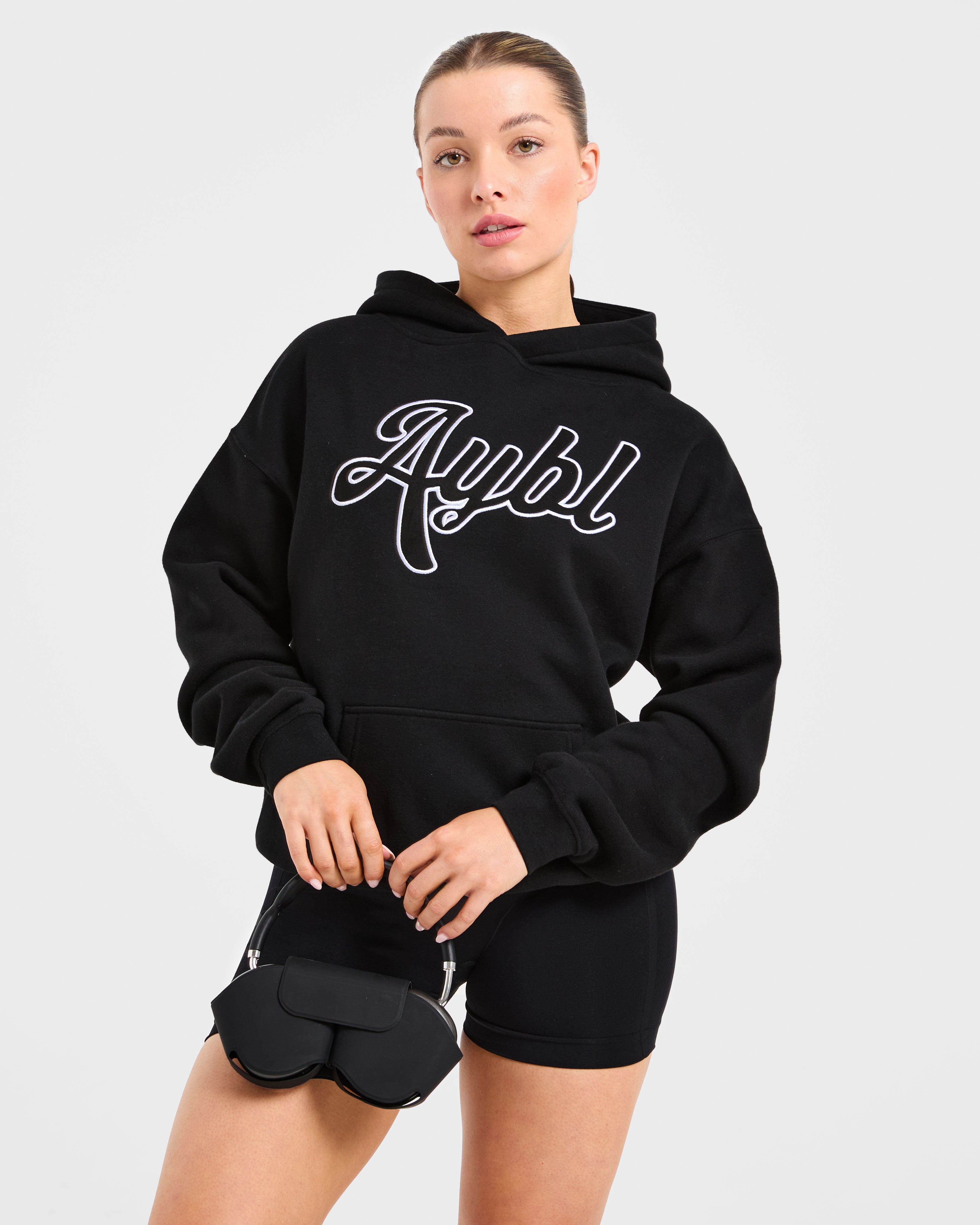 Script Embroidered Oversized Hoodie - Schwarz