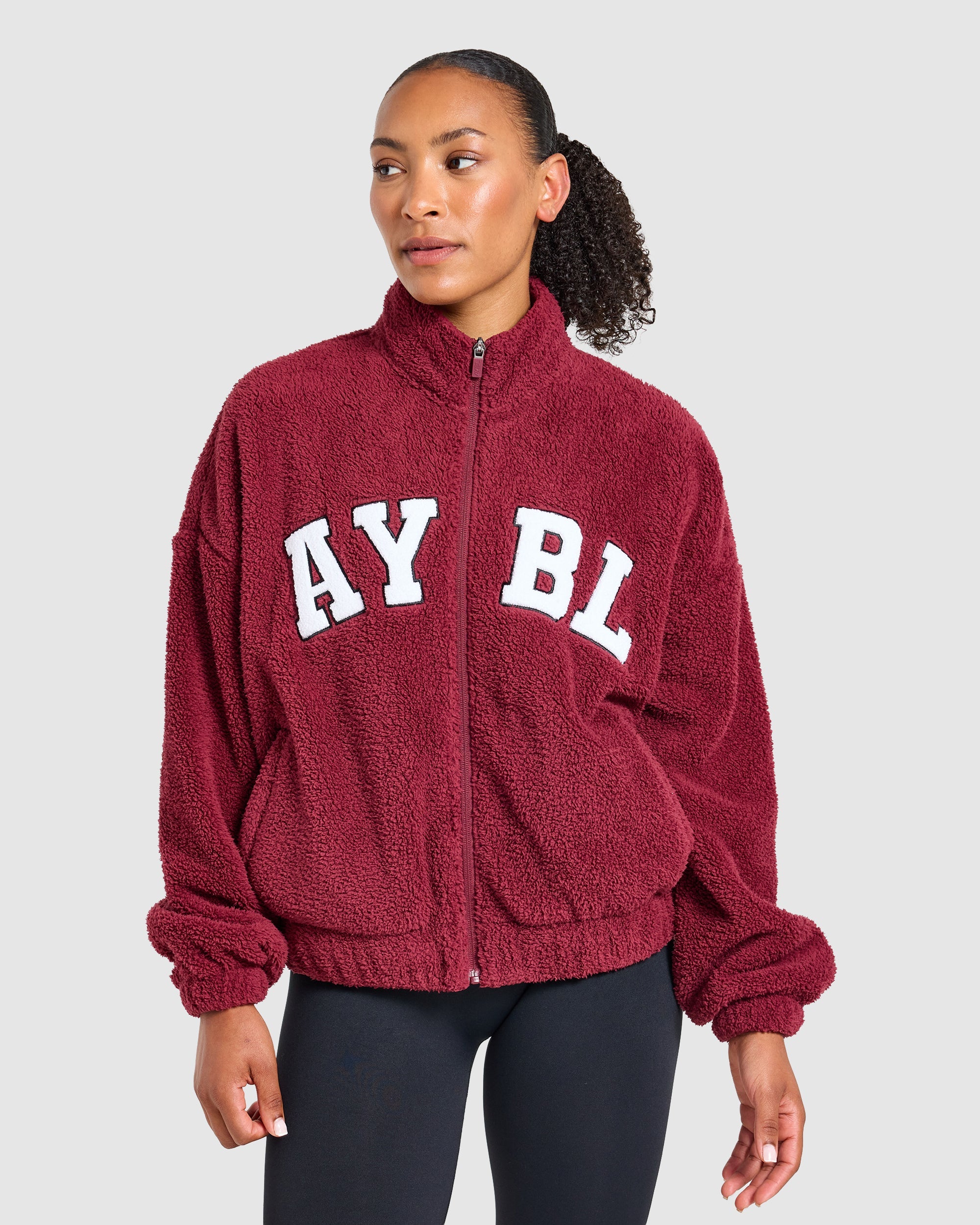 Varsity Oversized Fleece Zip Up Jacket - Mahogany Rot