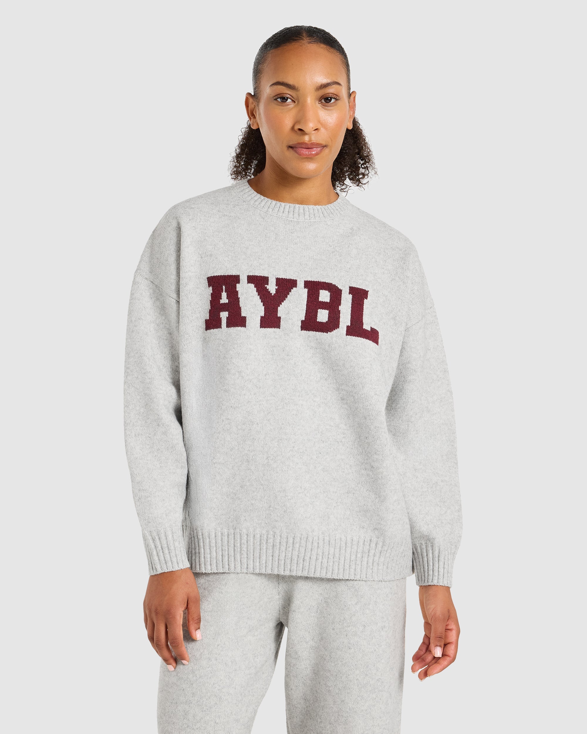 Varsity Oversized Knitted Sweater - Grau Marl/Burgundy