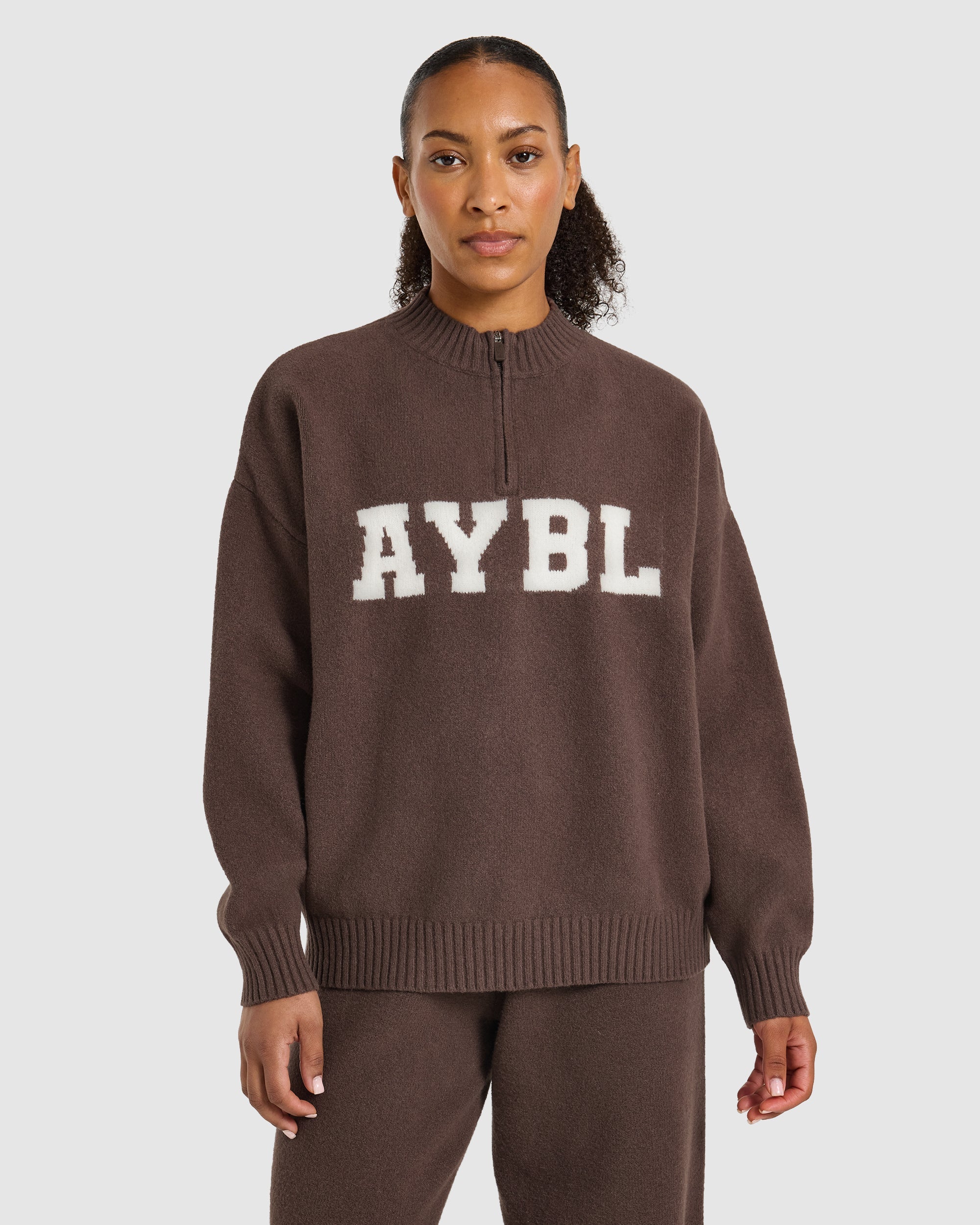 Varsity Oversized Knitted 1/4 Zip Pullover - Braun