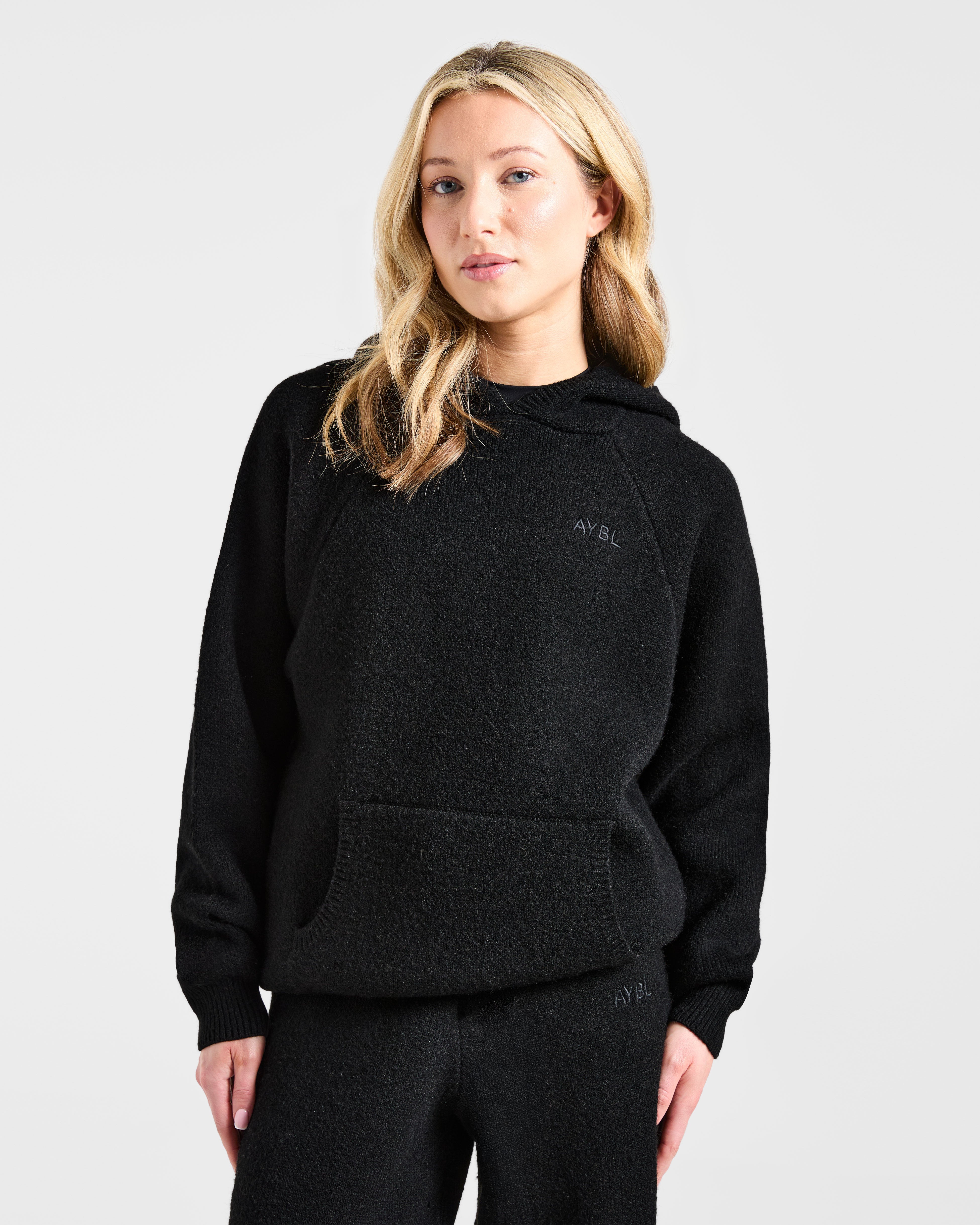 Soft Oversized Knitted Hoodie - Schwarz