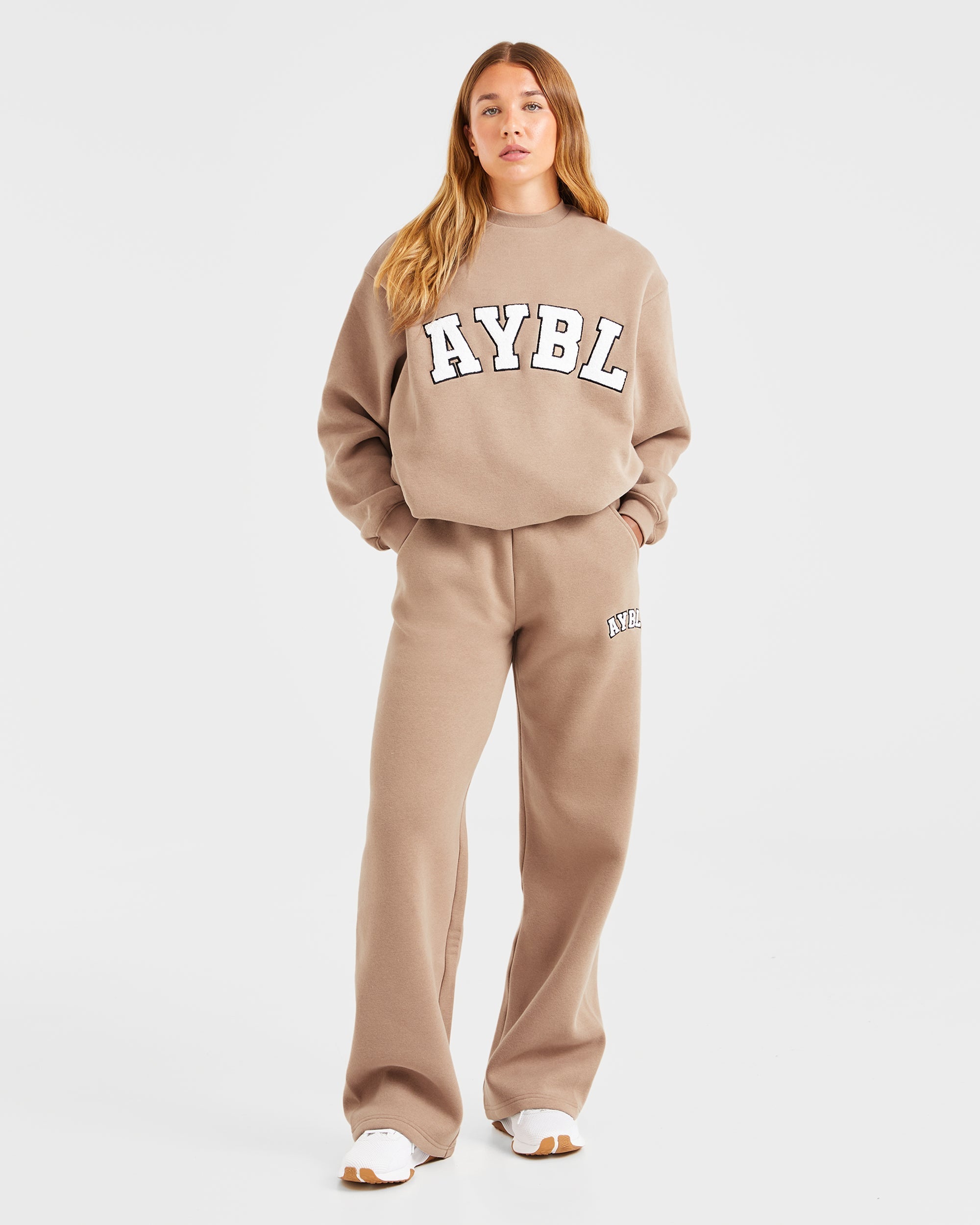 Varsity Oversized Straight Leg Joggers - Latte Braun
