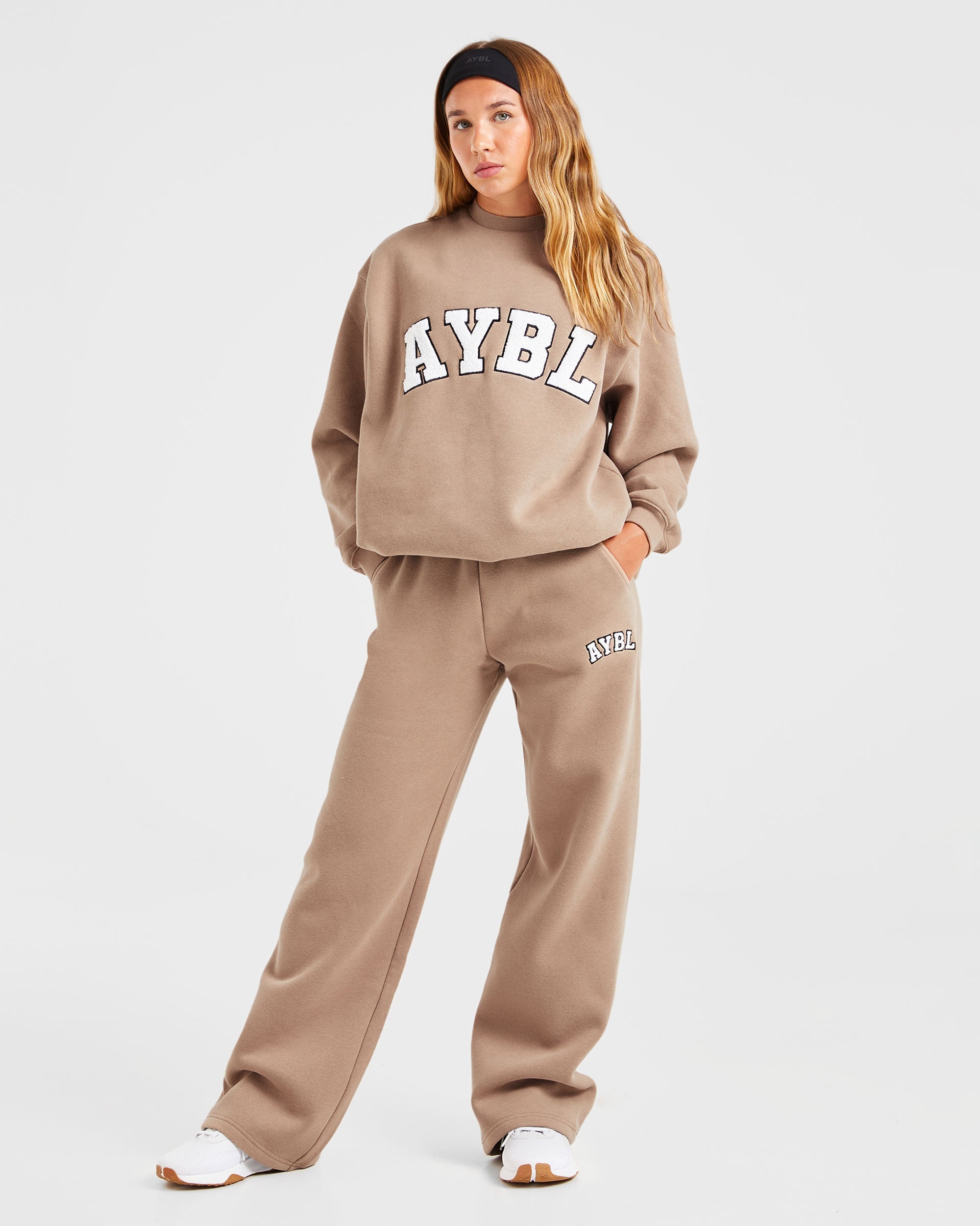Varsity Oversized Straight Leg Joggers - Latte Braun