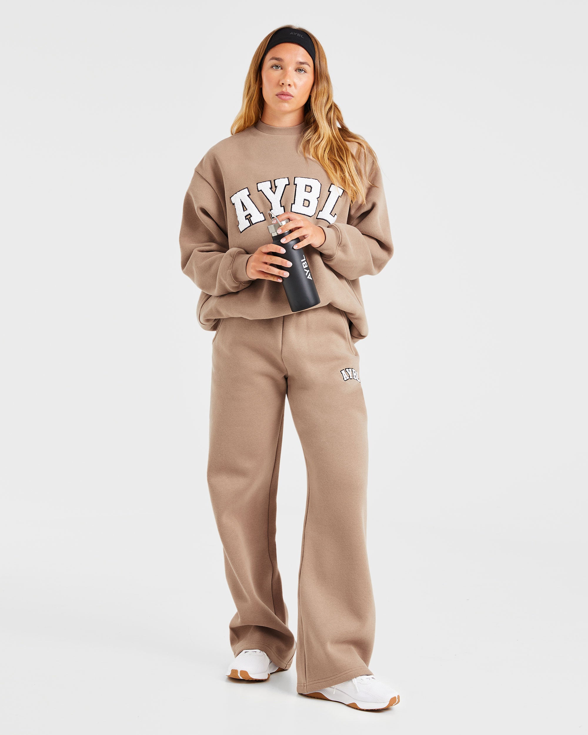 Varsity Oversized Straight Leg Joggers - Latte Braun