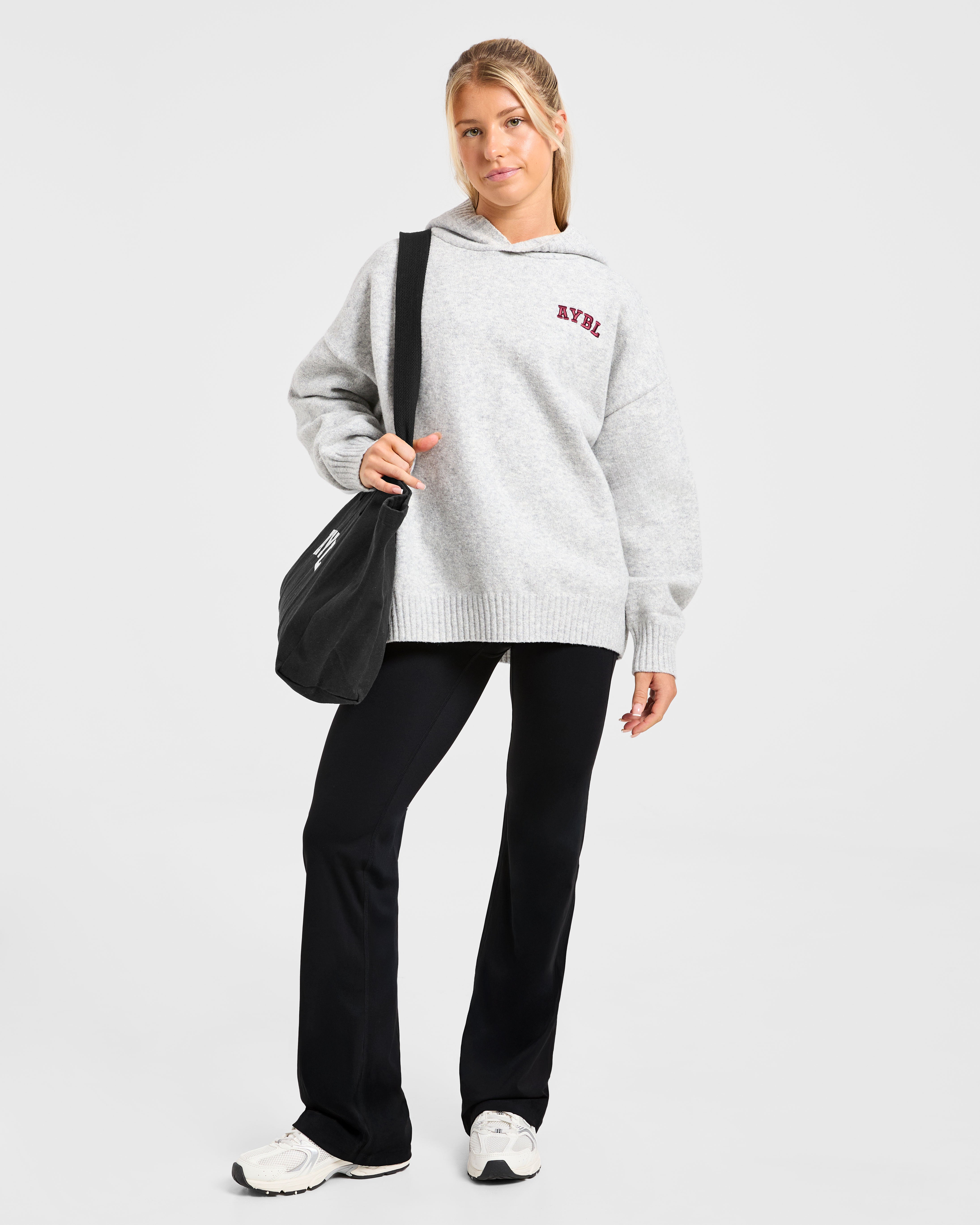 Varsity Minimal Logo Oversized Knitted Hoodie - Grau Marl/Burgundy