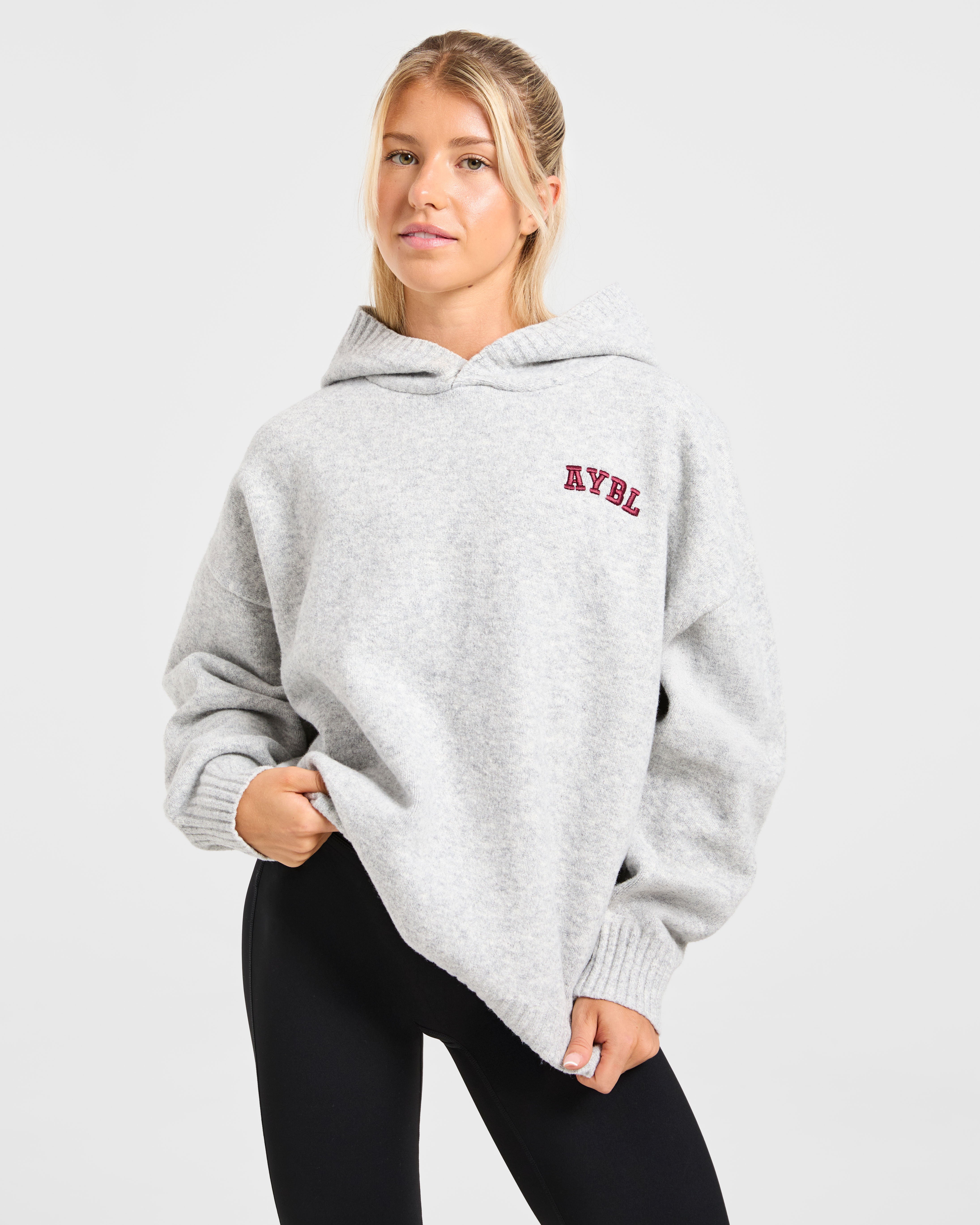 Varsity Minimal Logo Oversized Knitted Hoodie - Grau Marl/Burgundy