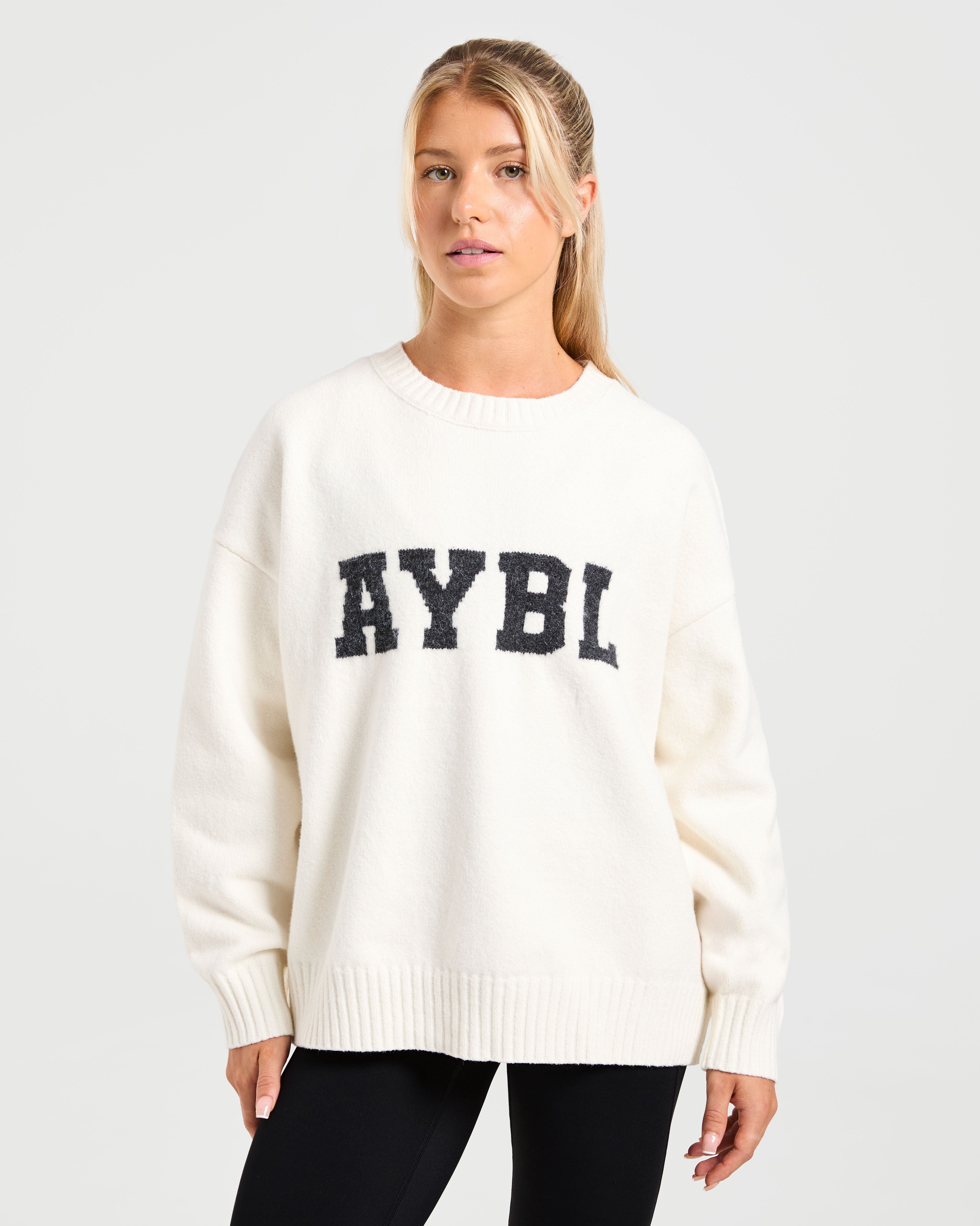 Varsity Oversized Knitted Sweater - Off Weiß