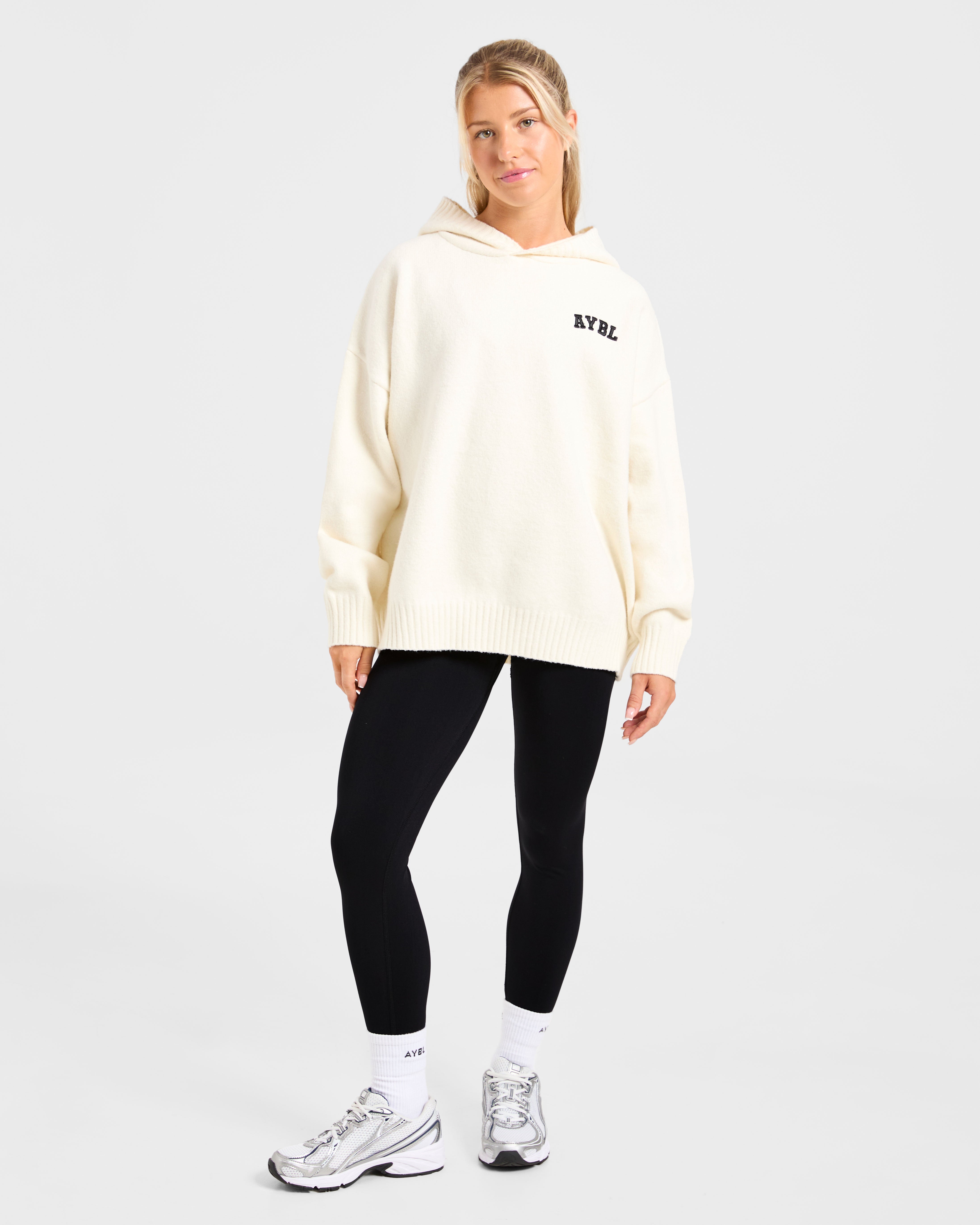 Varsity Minimal Logo Oversized Knitted Hoodie - Creme