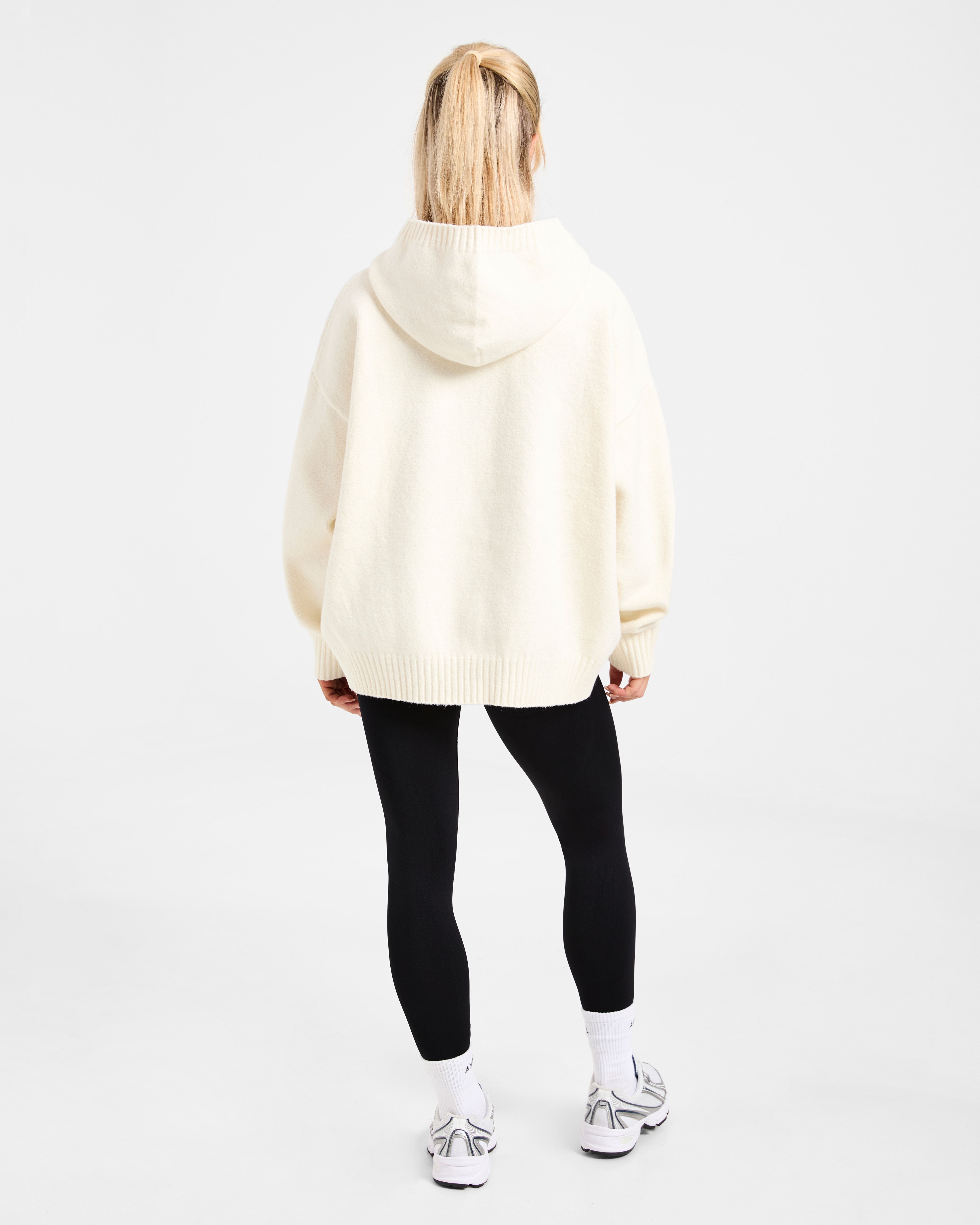 Varsity Minimal Logo Oversized Knitted Hoodie - Creme