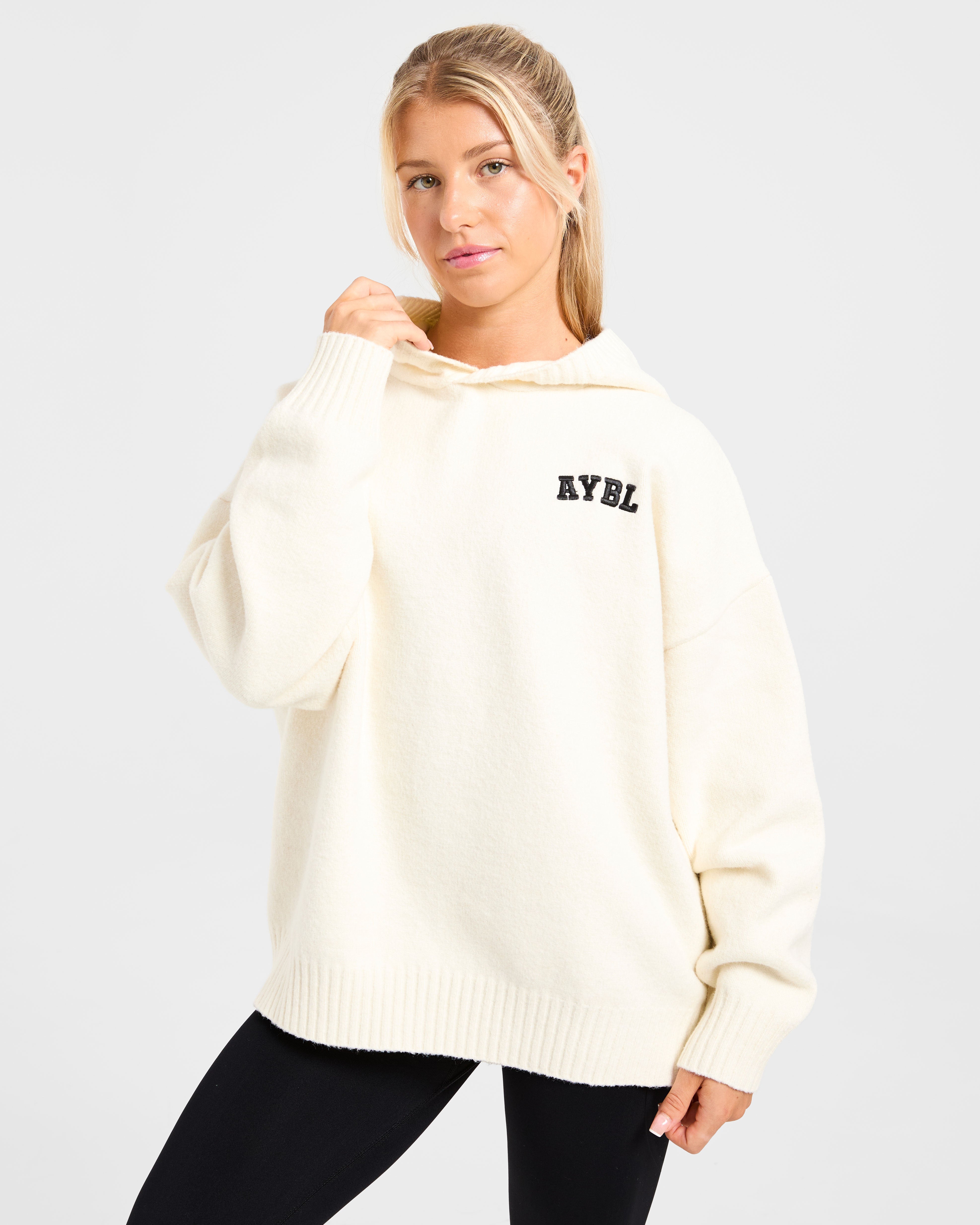 Varsity Minimal Logo Oversized Knitted Hoodie - Creme