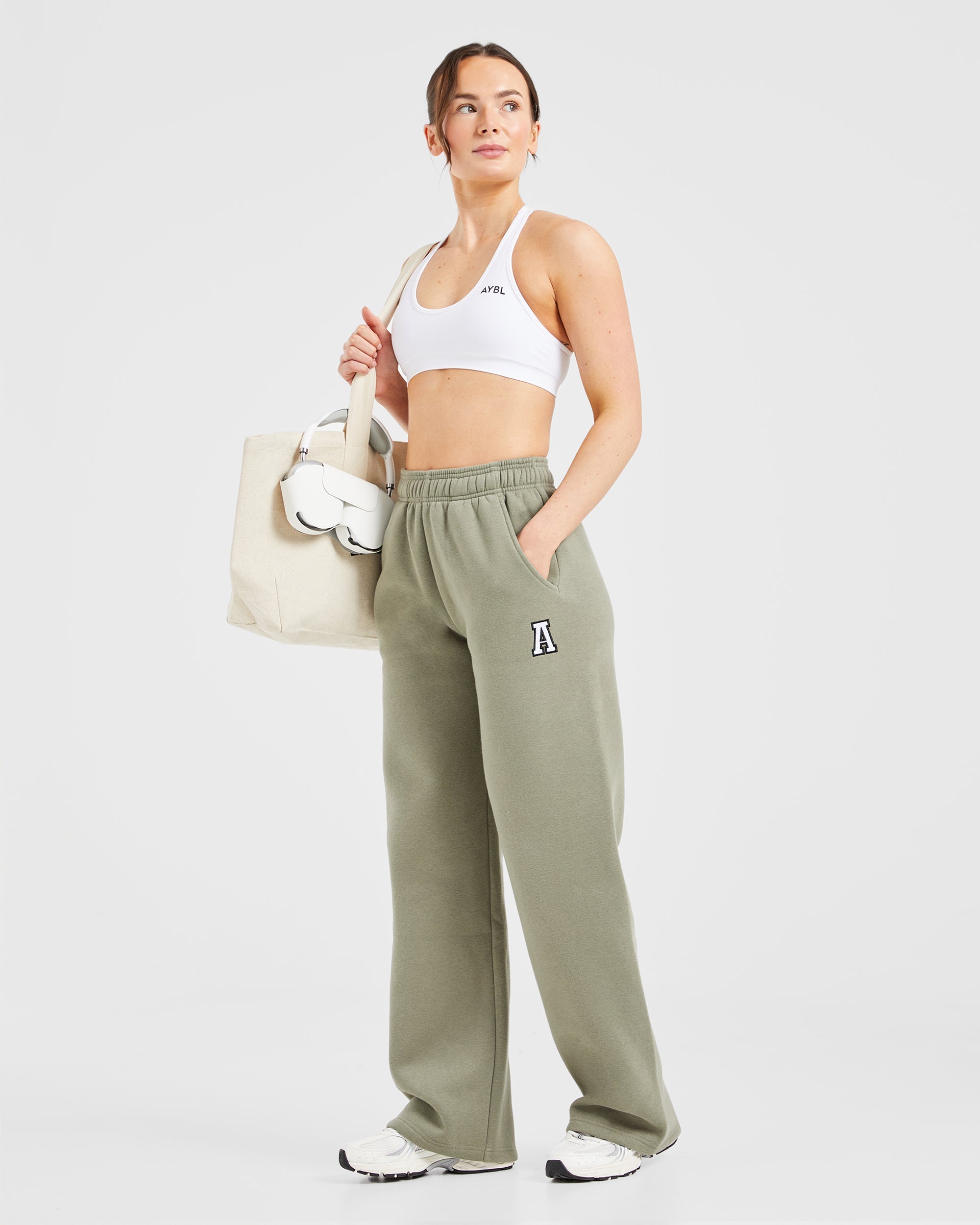 Image 7 from Varsity Embroidered Oversized Straight Leg Joggers - Muted Olive