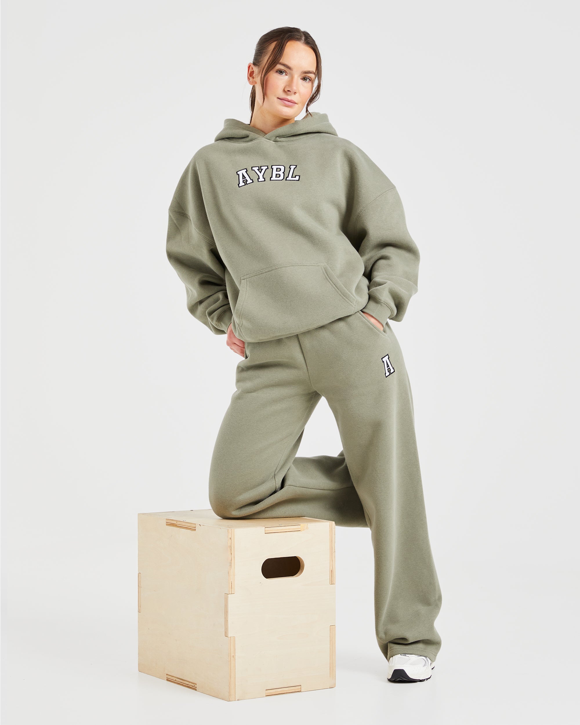 Image 8 from Varsity Embroidered Oversized Straight Leg Joggers - Muted Olive