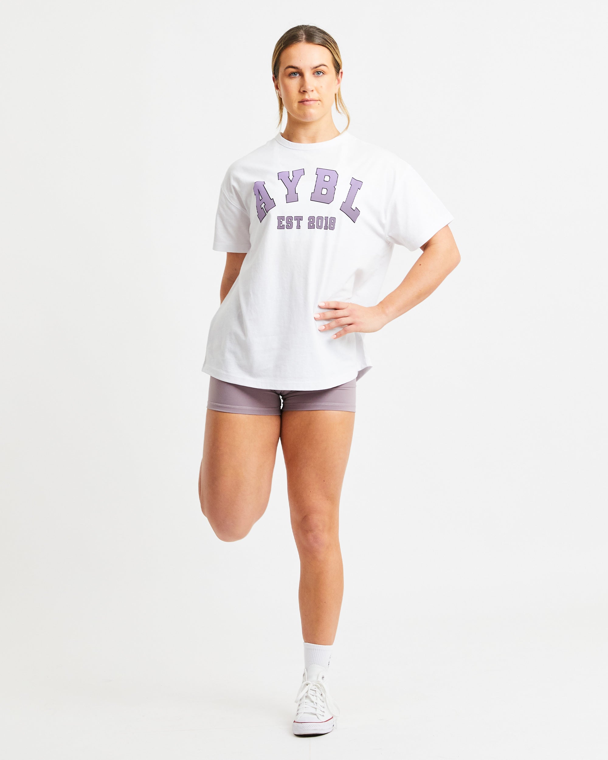 Varsity Oversized T Shirt - Weiß/Lila