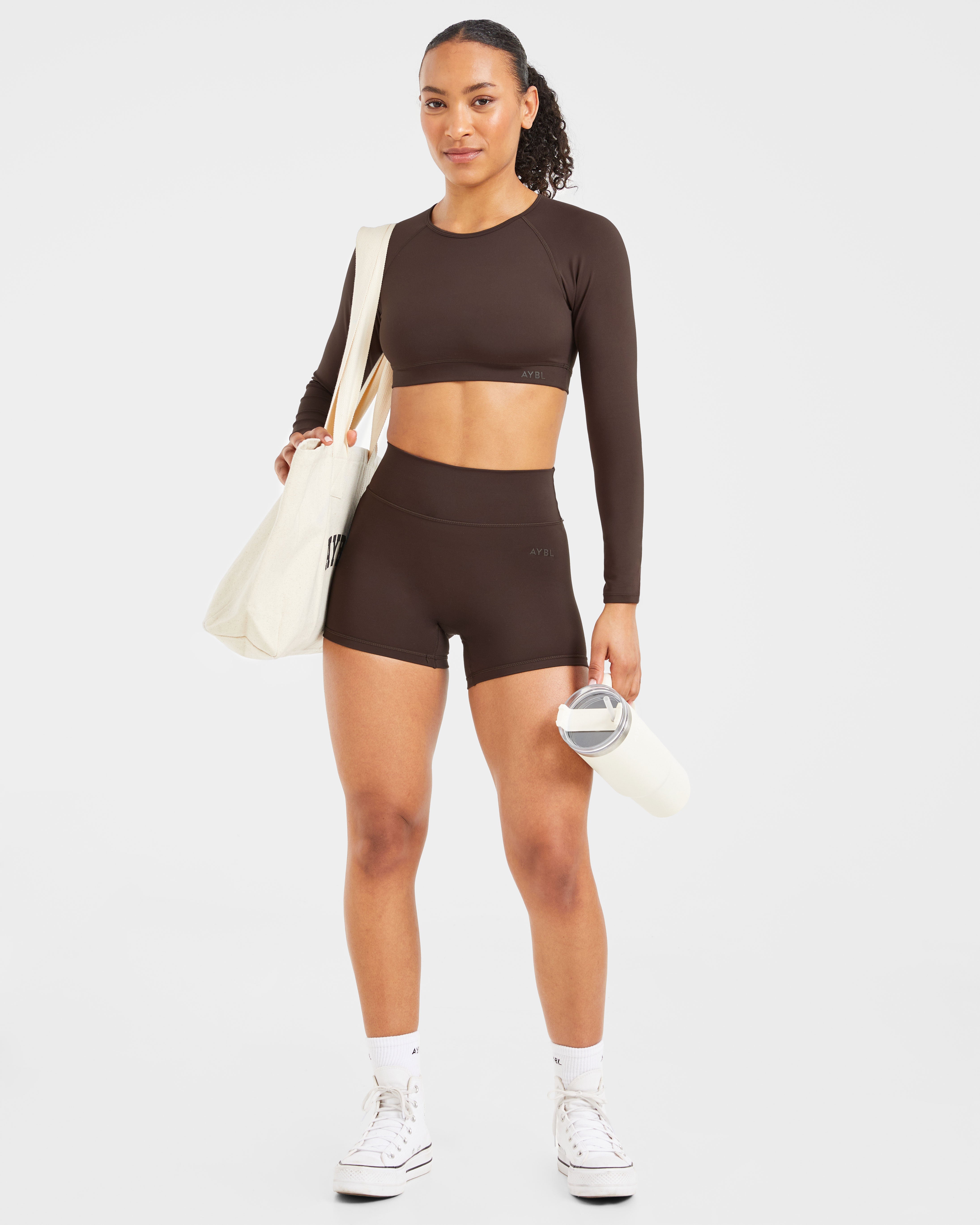 Staple Long Sleeve Crop Top - Coffee Braun