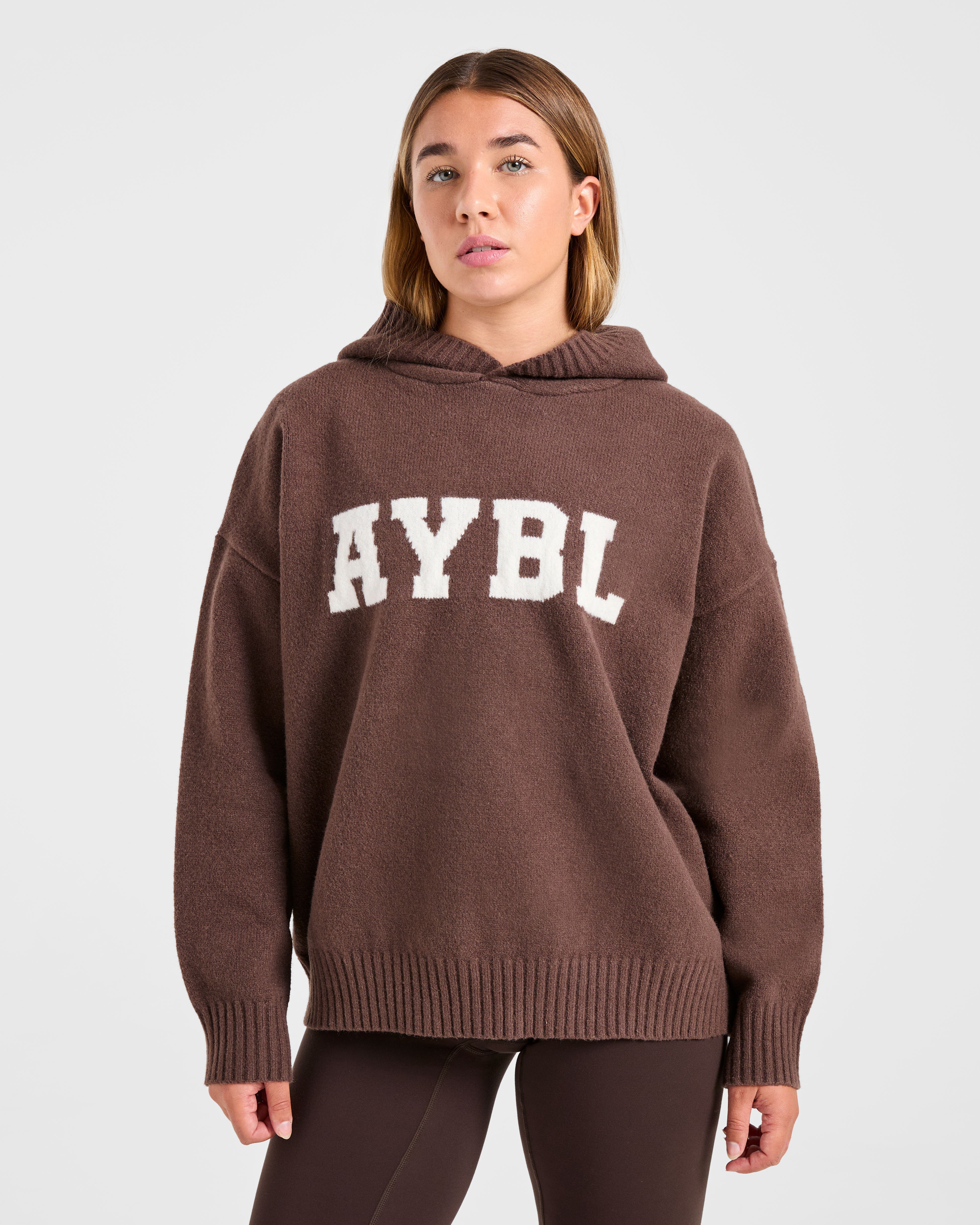 Varsity Oversized Knitted Hoodie - Braun