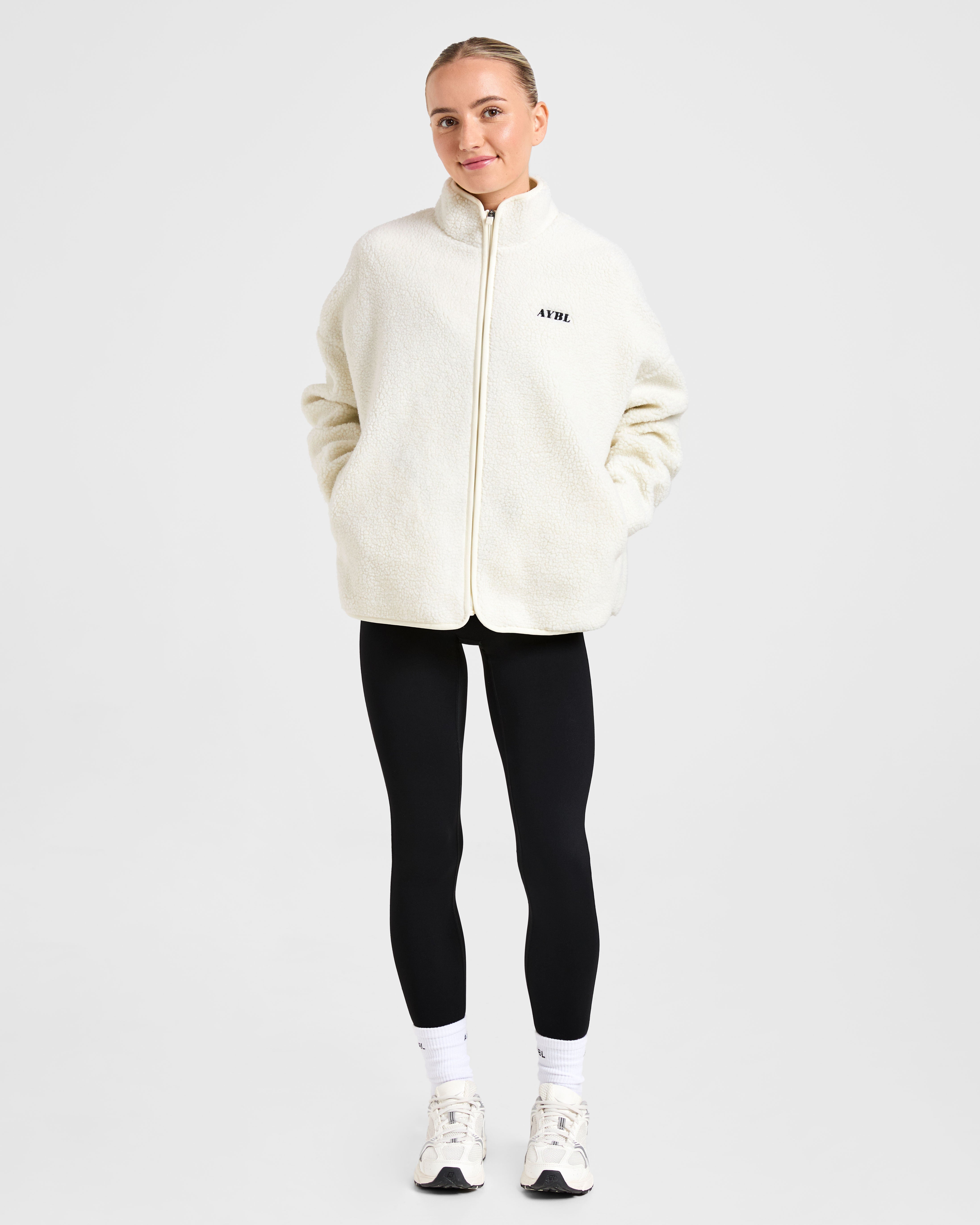 Oversized Zip Up Fleece Jacket - Creme