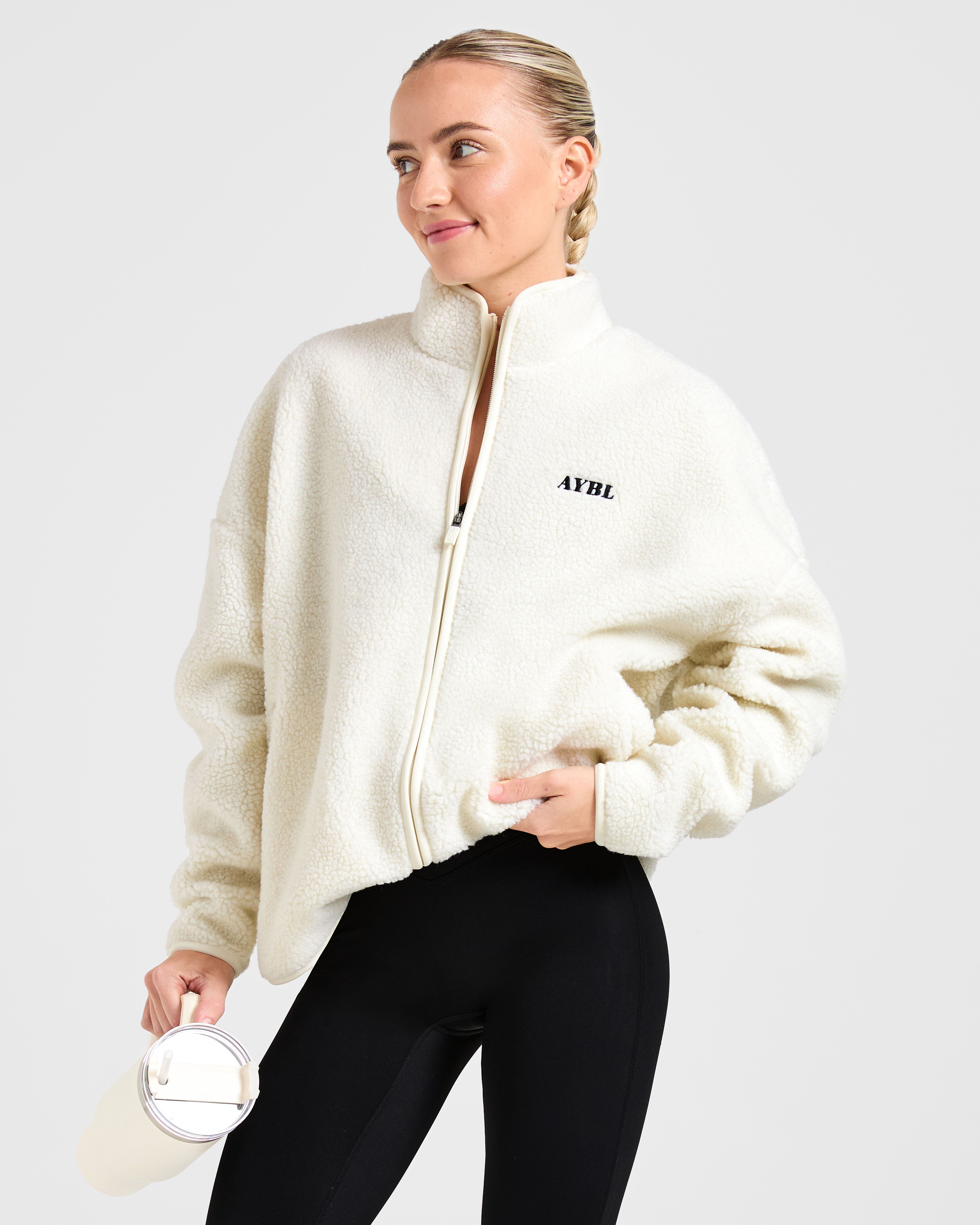 Oversized Zip Up Fleece Jacket - Creme