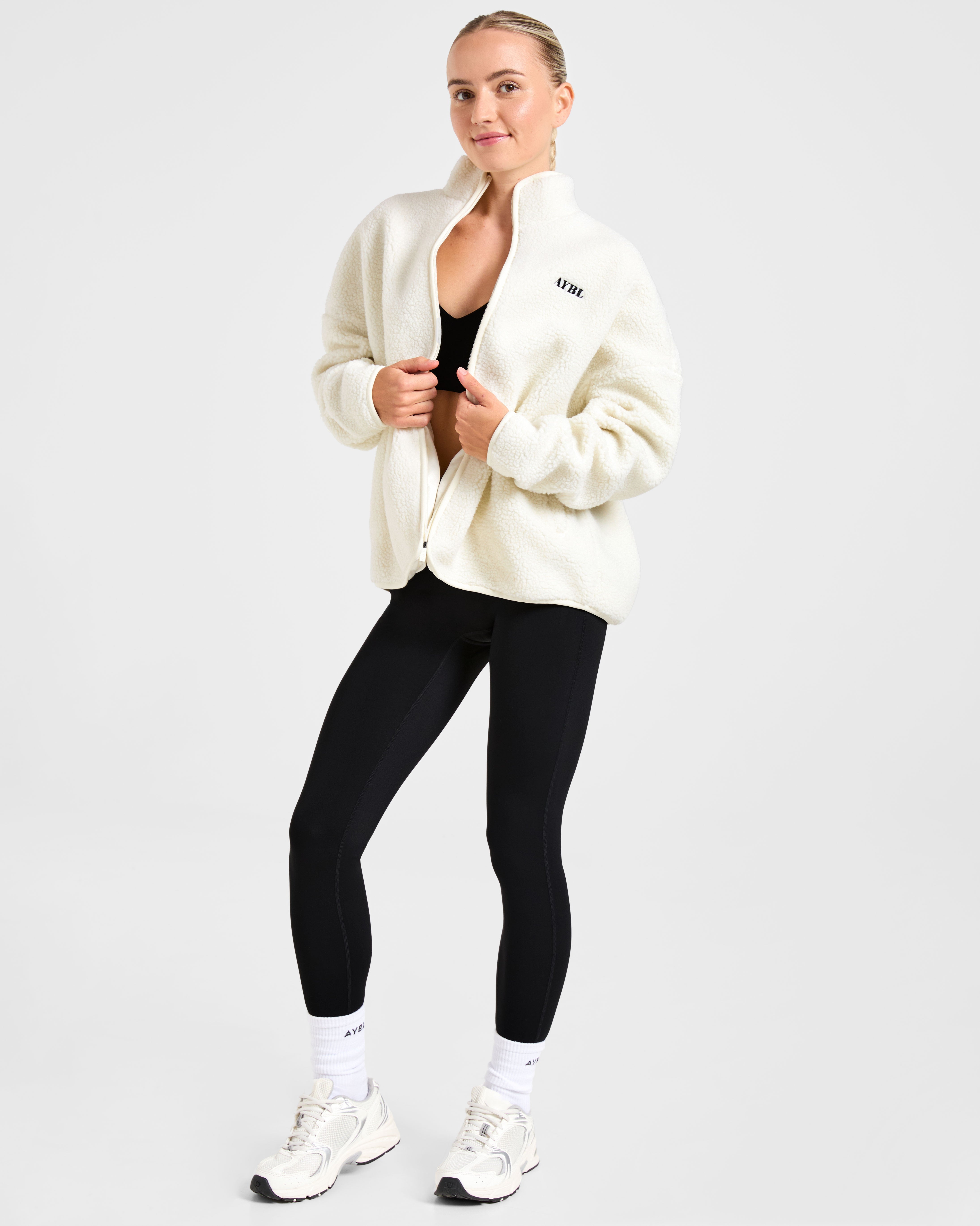 Oversized Zip Up Fleece Jacket - Creme