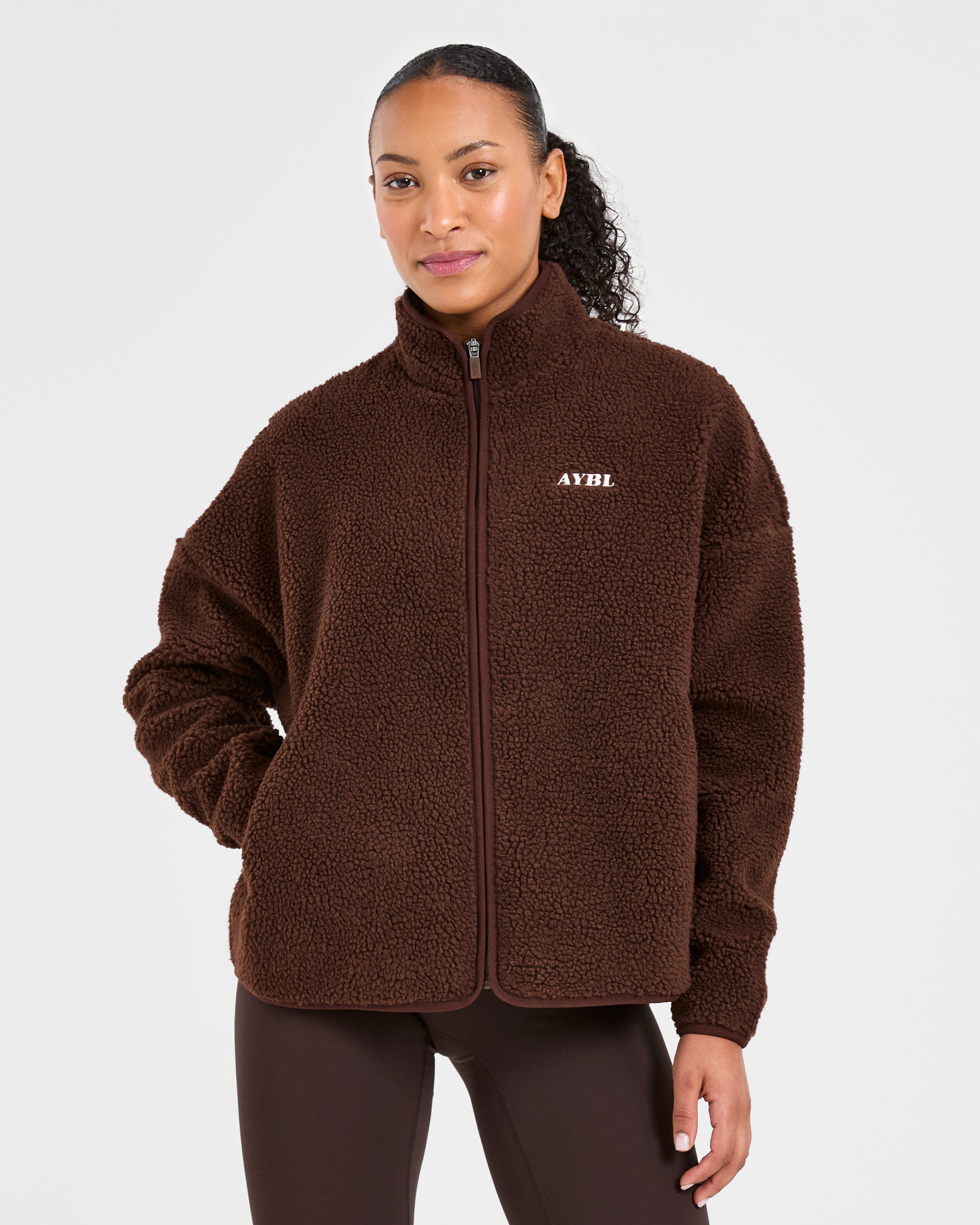 Oversized Zip Up Fleece Jacket - Braun