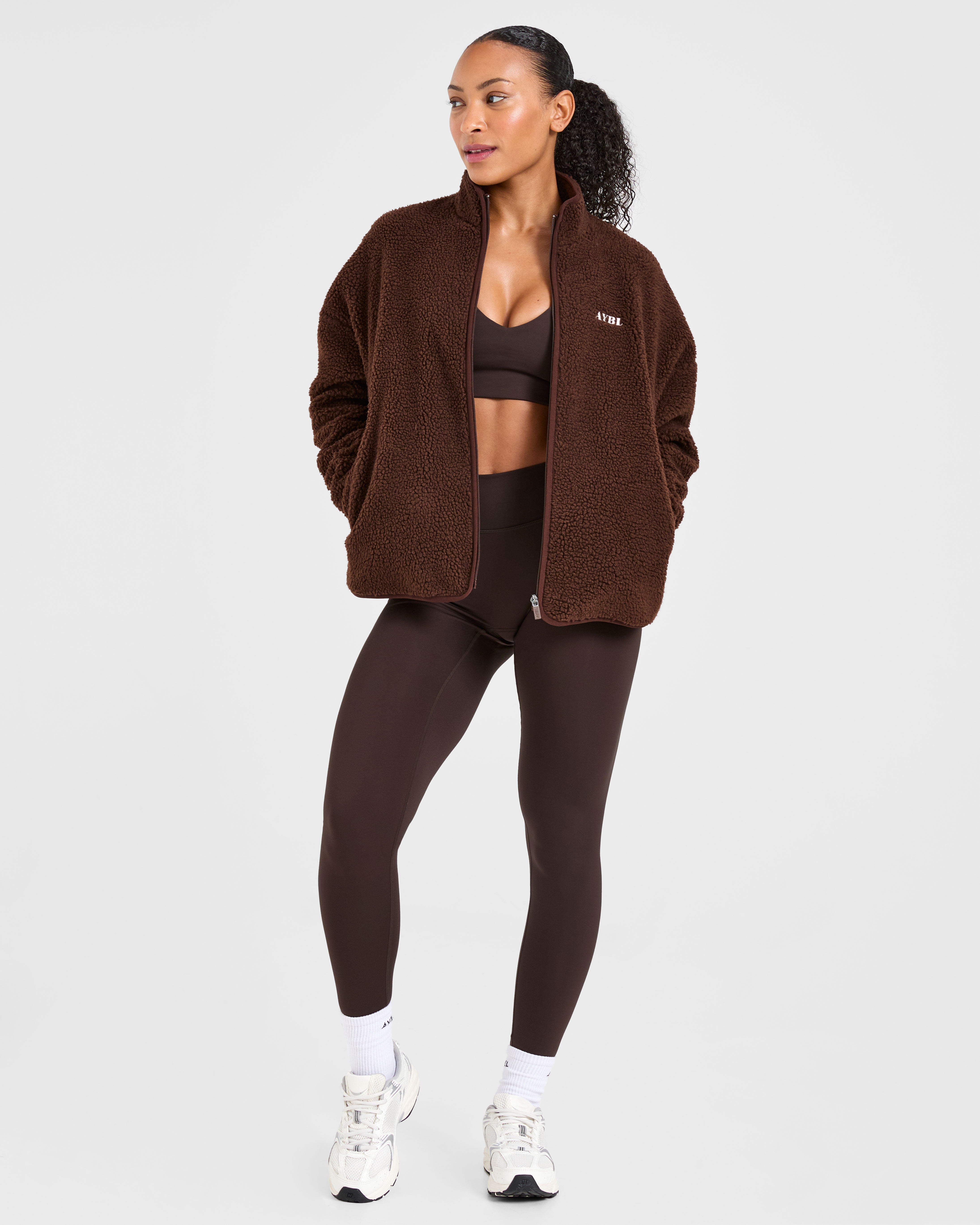 Oversized Zip Up Fleece Jacket - Braun