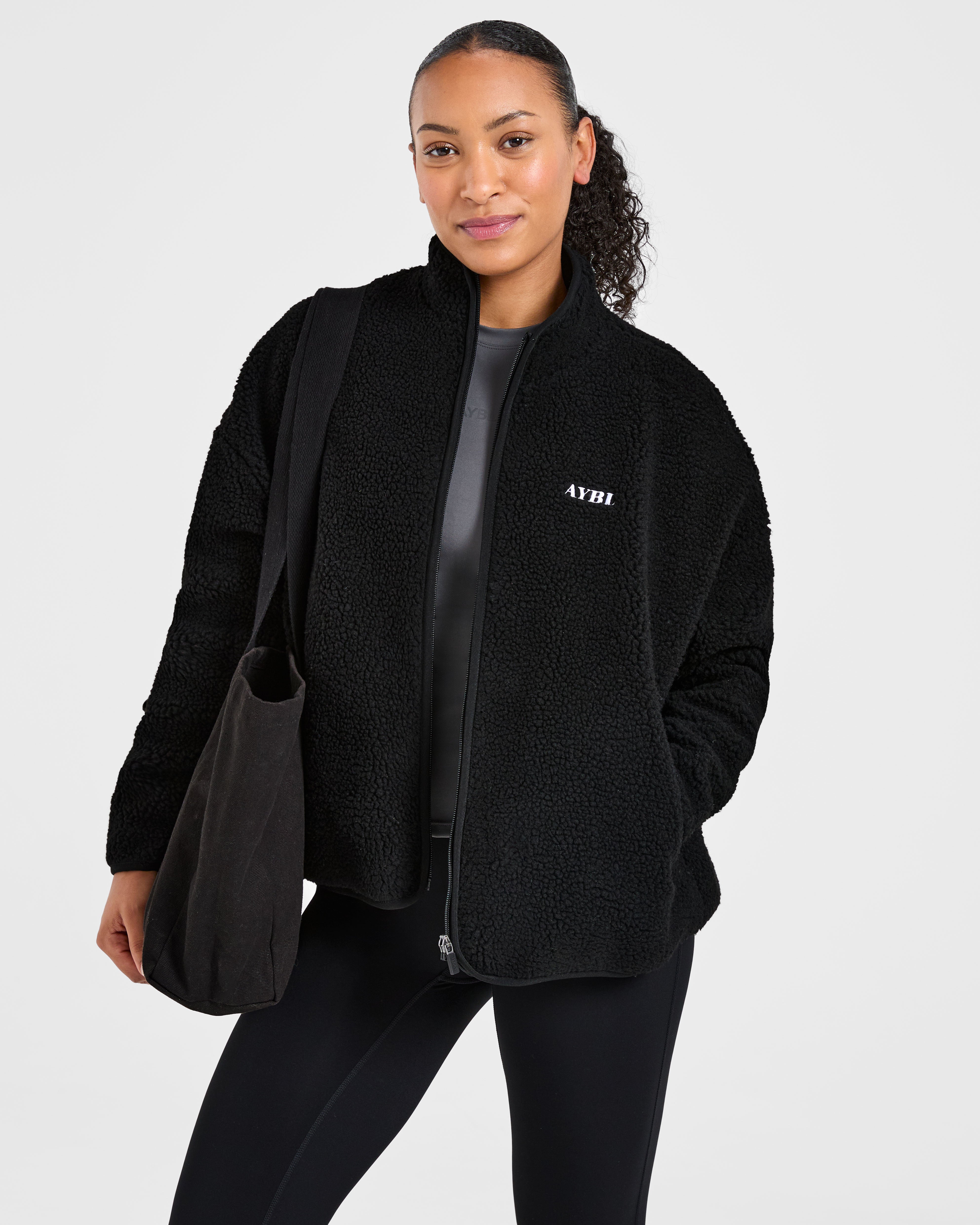Oversized Zip Up Fleece Jacket - Schwarz