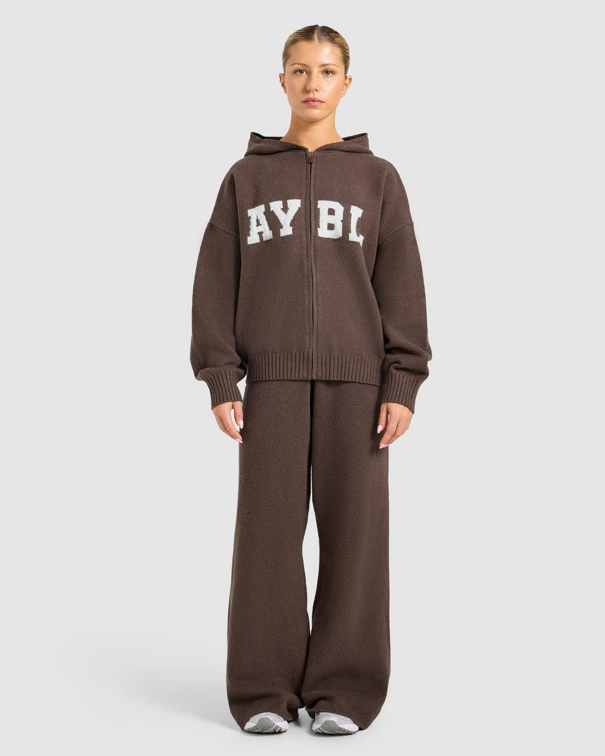 Varsity Oversized Knitted Zip Up Hoodie - Braun