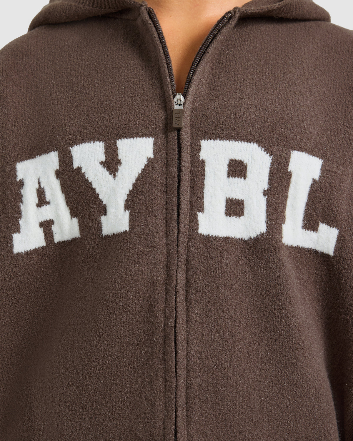 Varsity Oversized Knitted Zip Up Hoodie - Braun