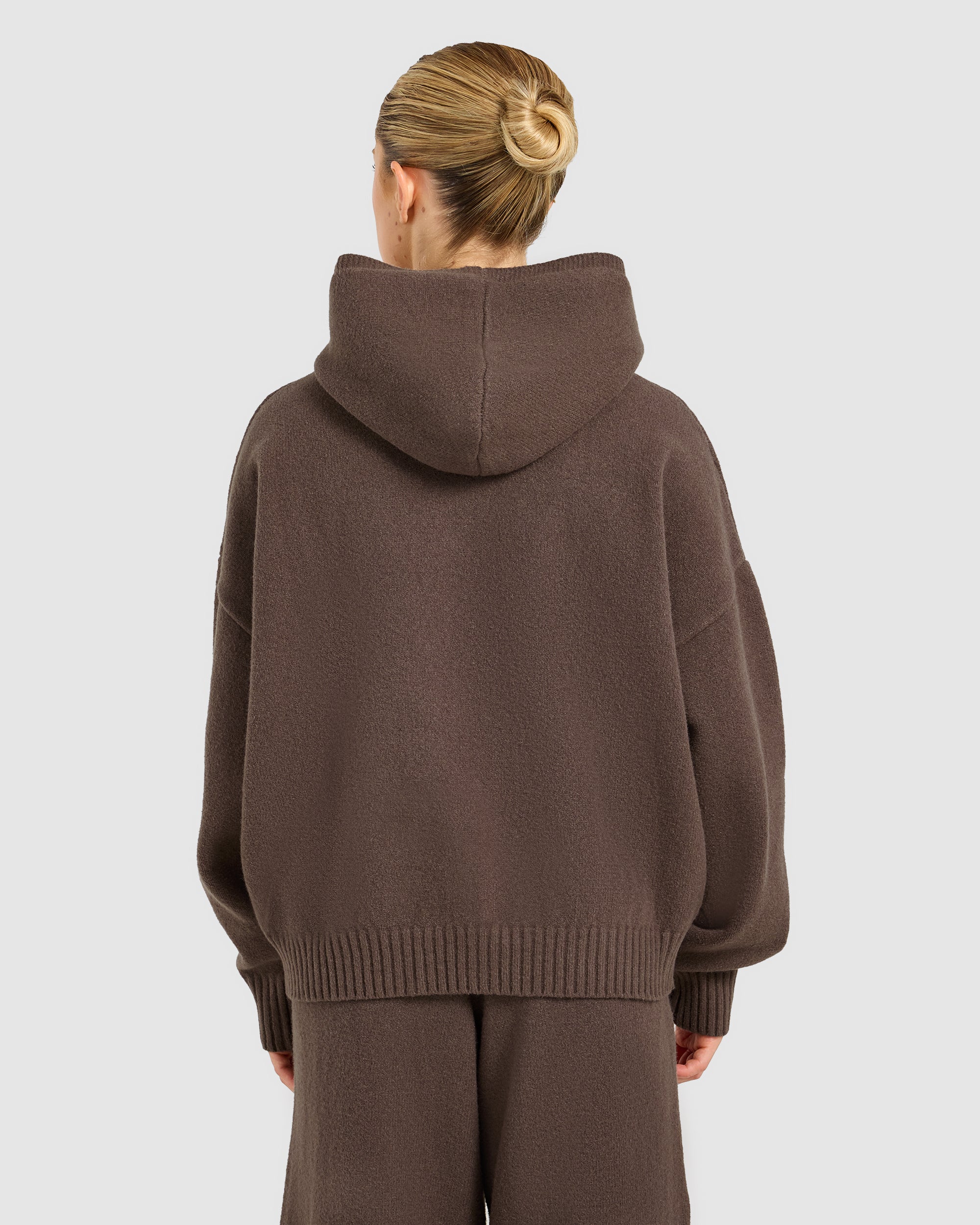 Varsity Oversized Knitted Zip Up Hoodie - Braun