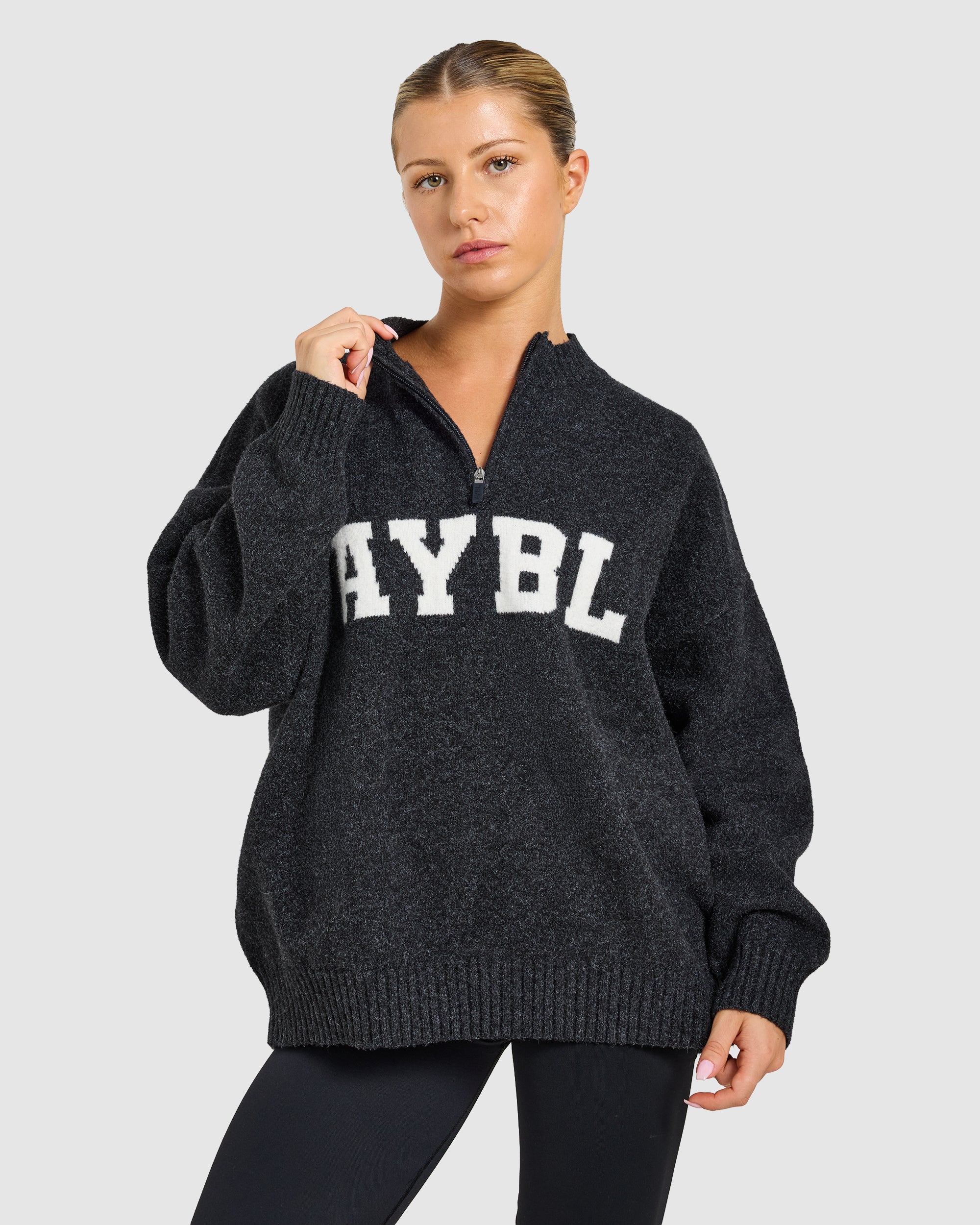Varsity Oversized Knitted 1/4 Zip Pullover - Charcoal