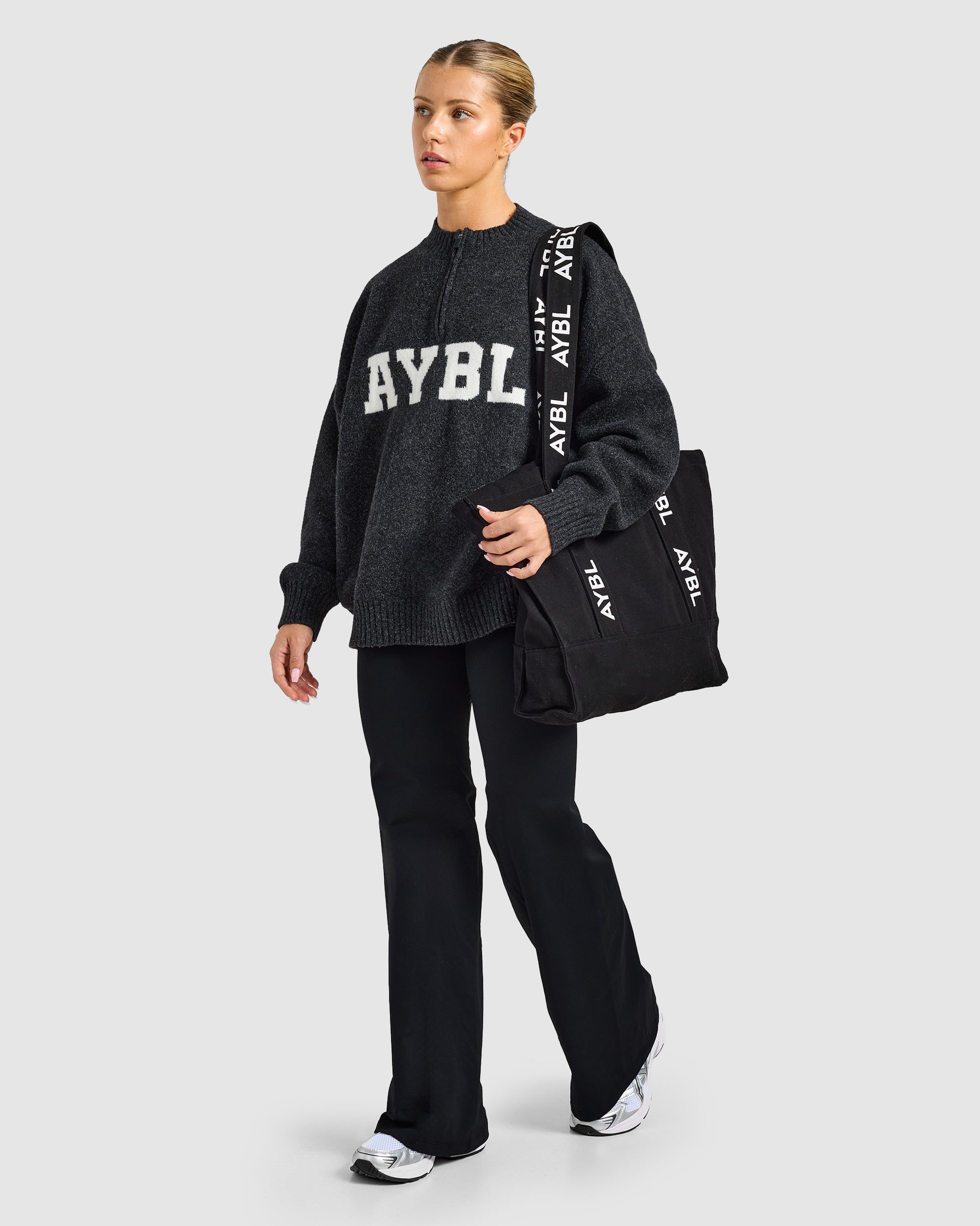 Varsity Oversized Knitted 1/4 Zip Pullover - Charcoal