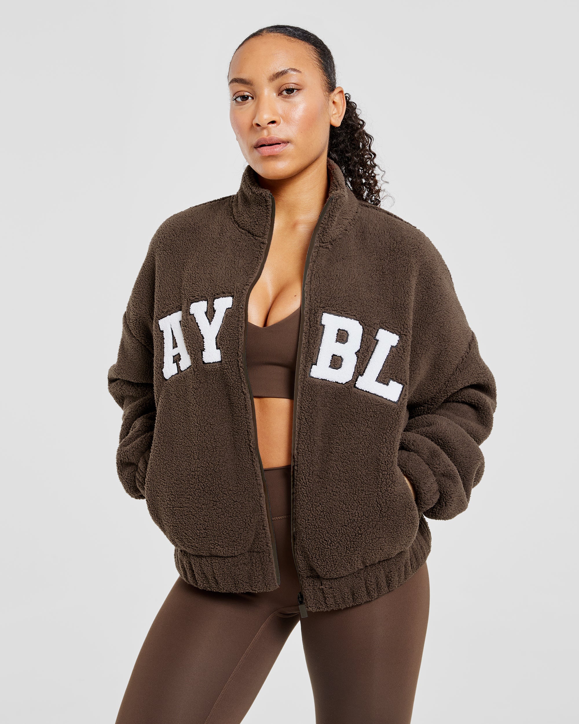 Varsity Oversized Fleece Zip Up Jacket - Cocoa Braun