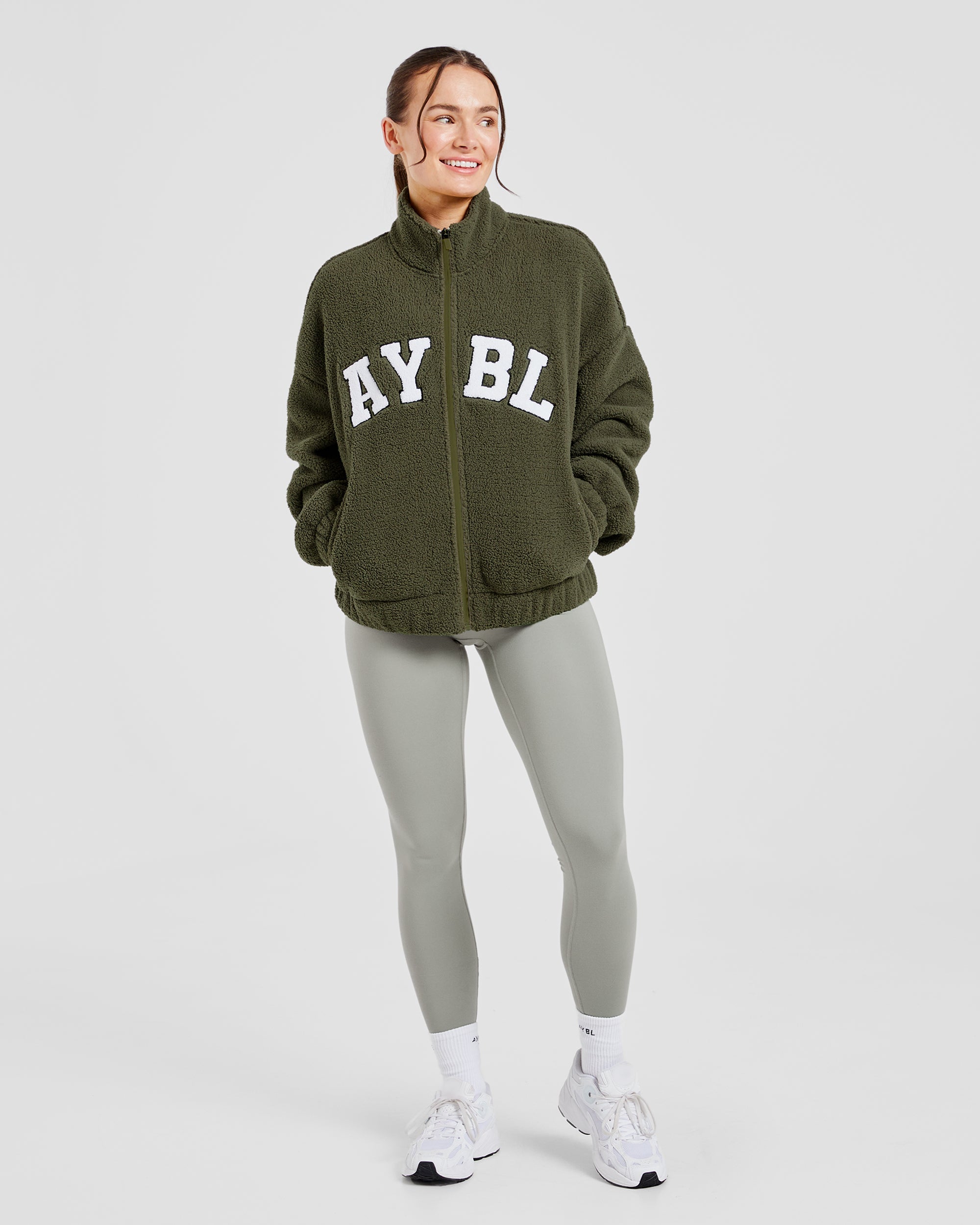 Varsity Oversized Fleece Zip Up Jacket - Khaki Grün