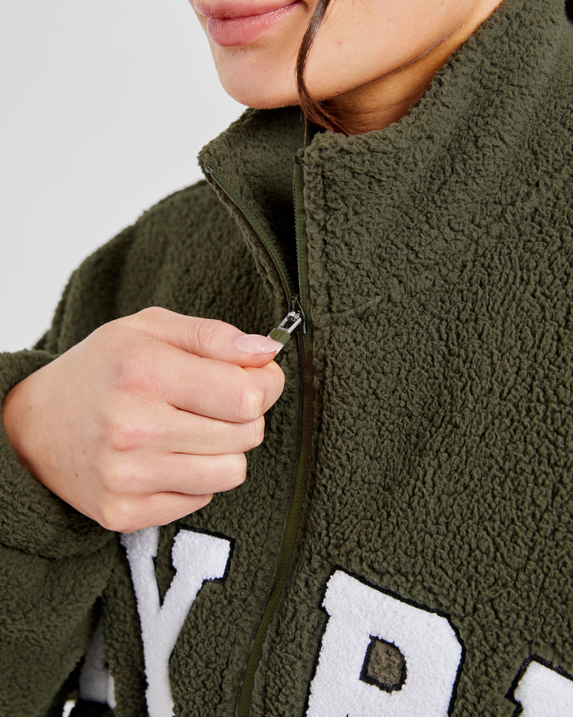 Varsity Oversized Fleece Zip Up Jacket - Khaki Grün