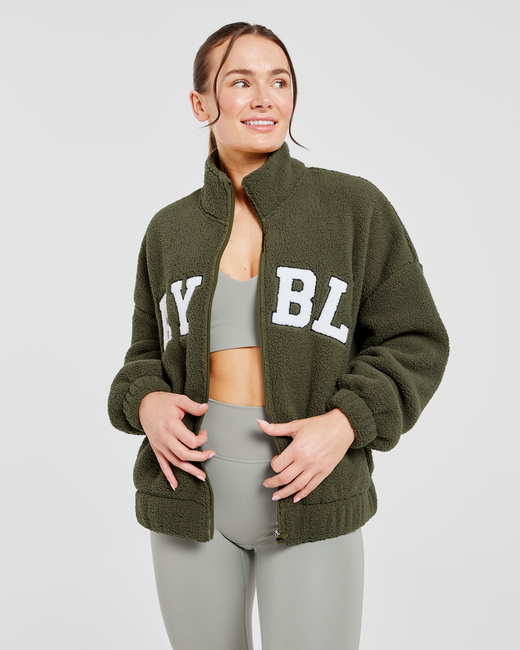 Varsity Oversized Fleece Zip Up Jacket - Khaki Grün