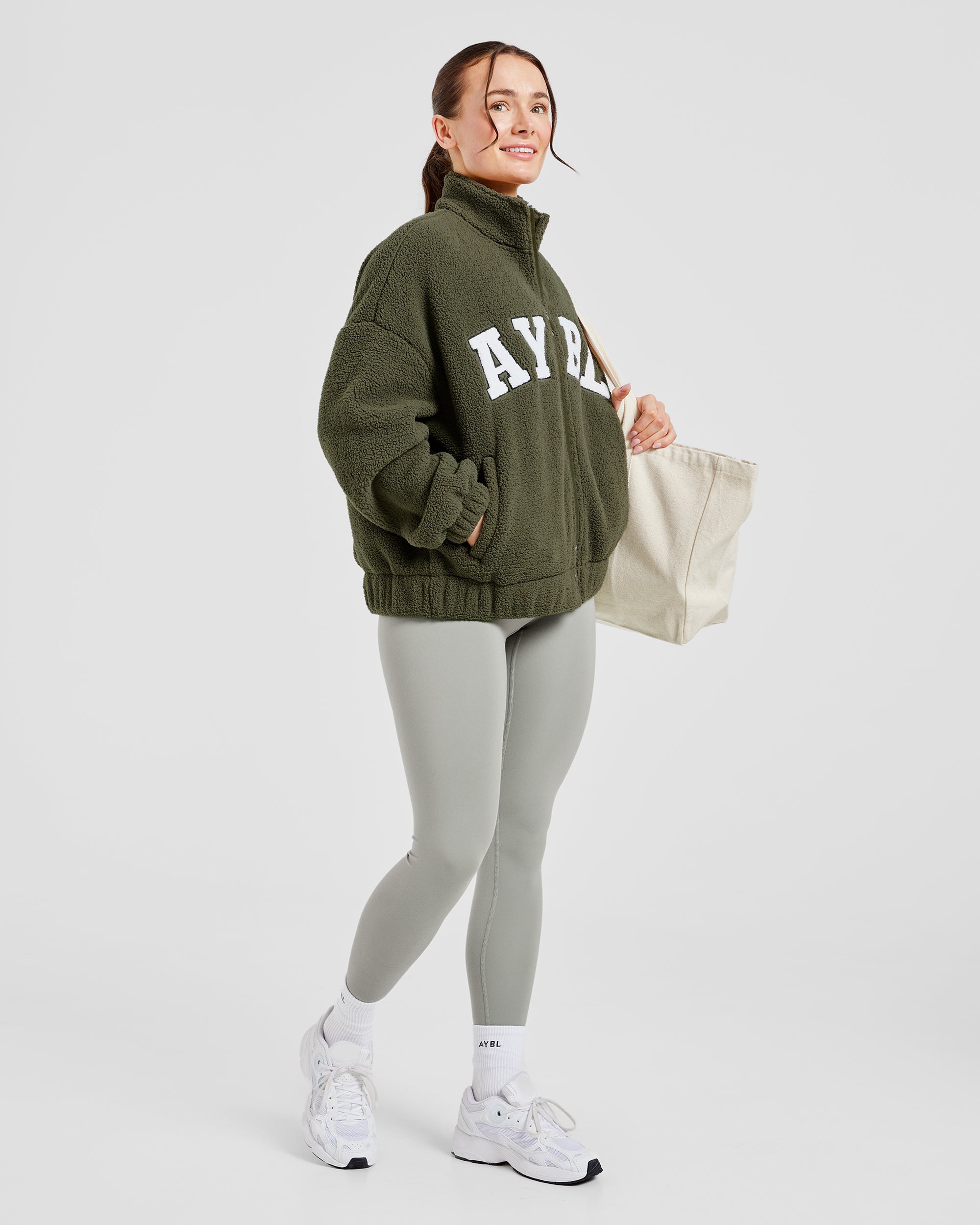 Varsity Oversized Fleece Zip Up Jacket - Khaki Grün