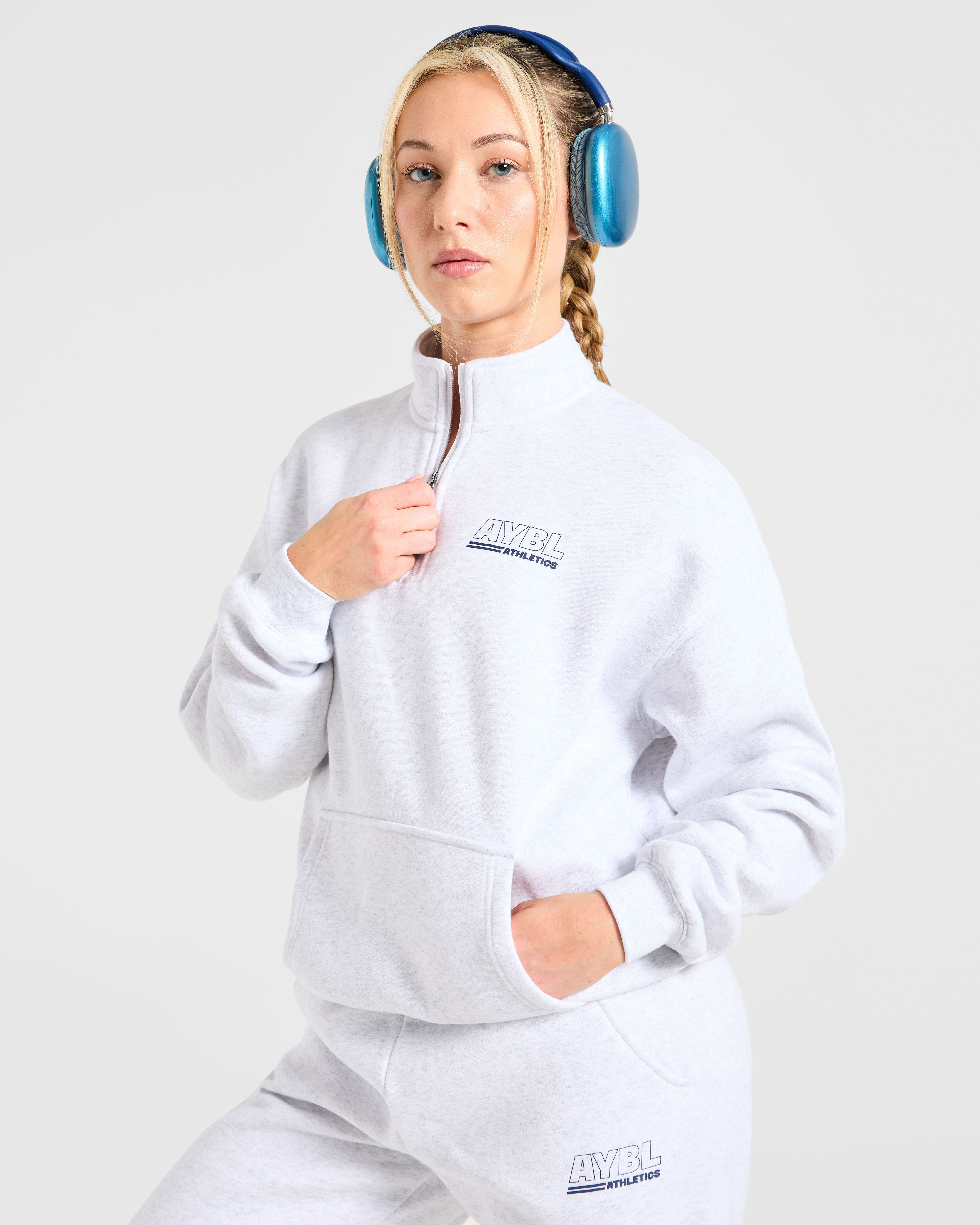 Athletics Track Oversized 1/4 Zip Pullover - Heather Grau/Navy