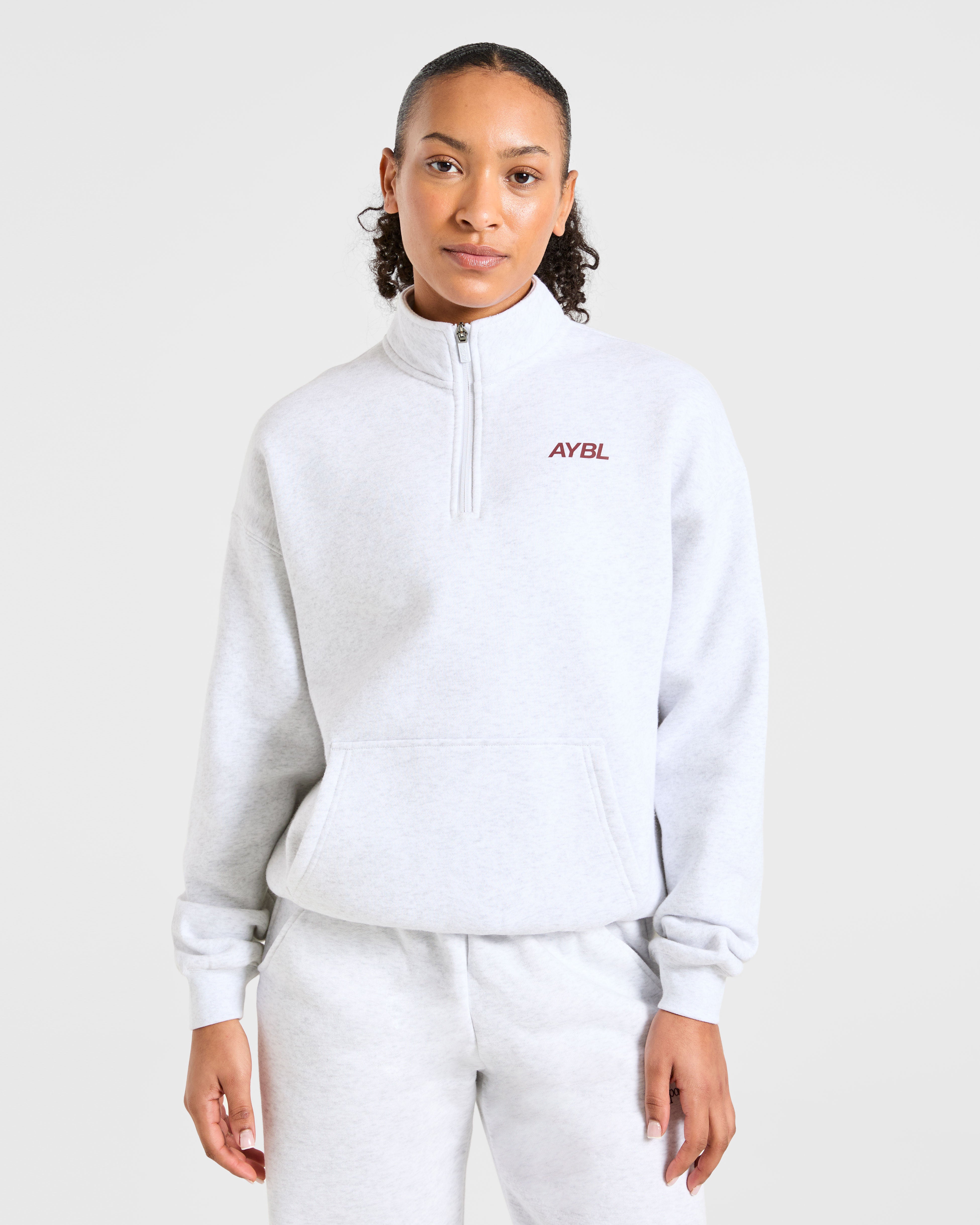Sports Club Oversized 1/4 Zip Pullover - Grau Marl/Burgundy