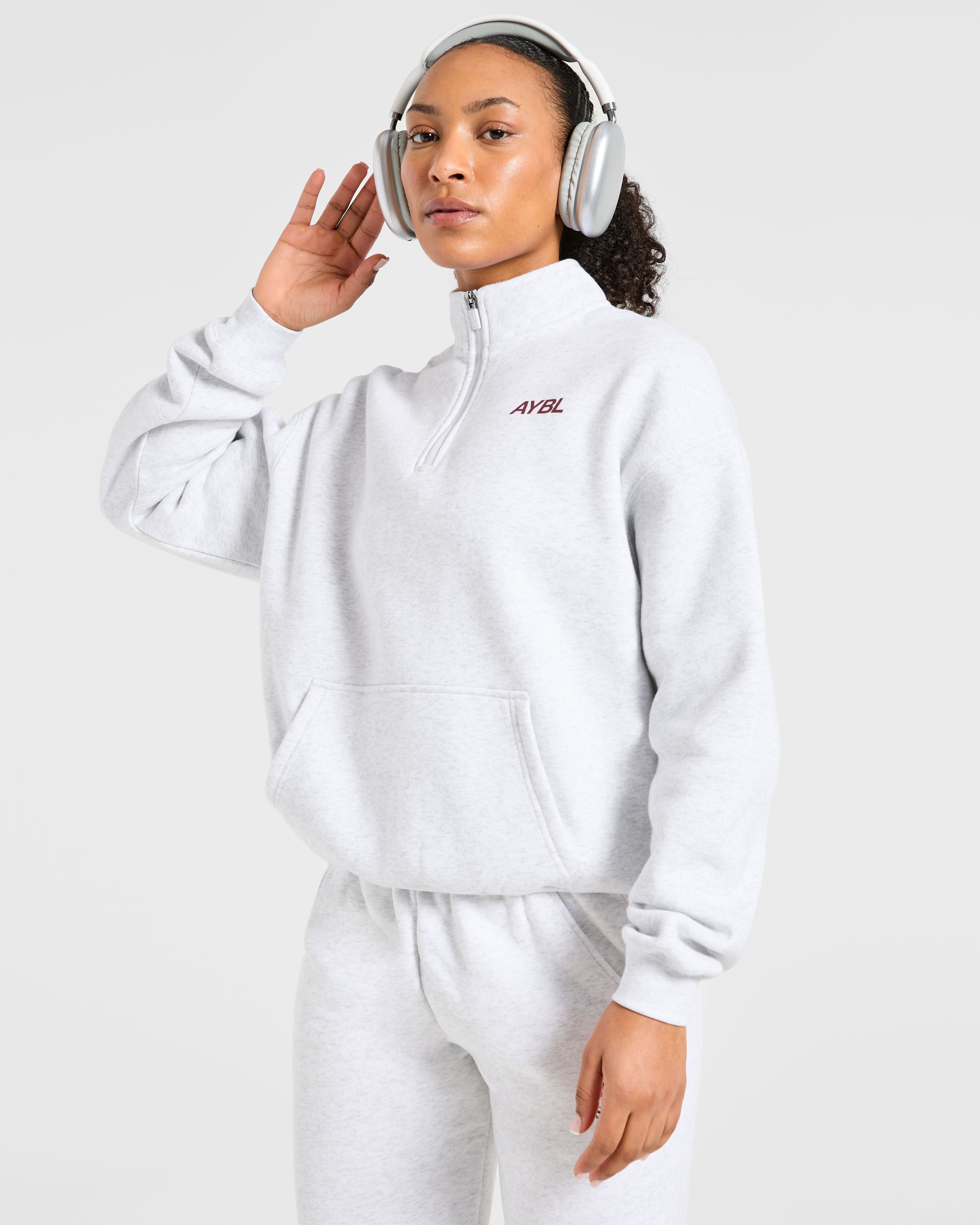 Sports Club Oversized 1/4 Zip Pullover - Grau Marl/Burgundy