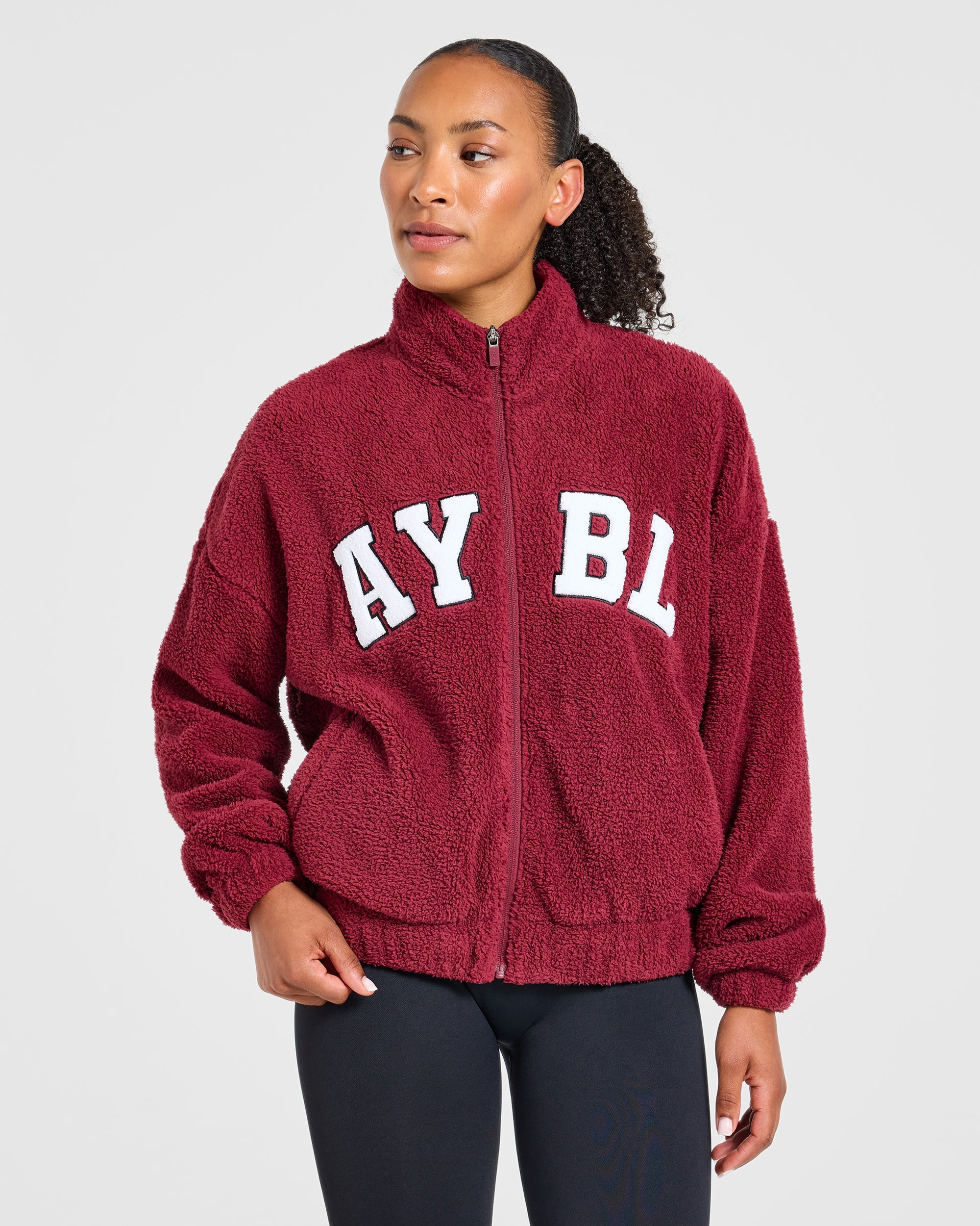 Varsity Oversized Fleece Zip Up Jacket - Mahogany Rot
