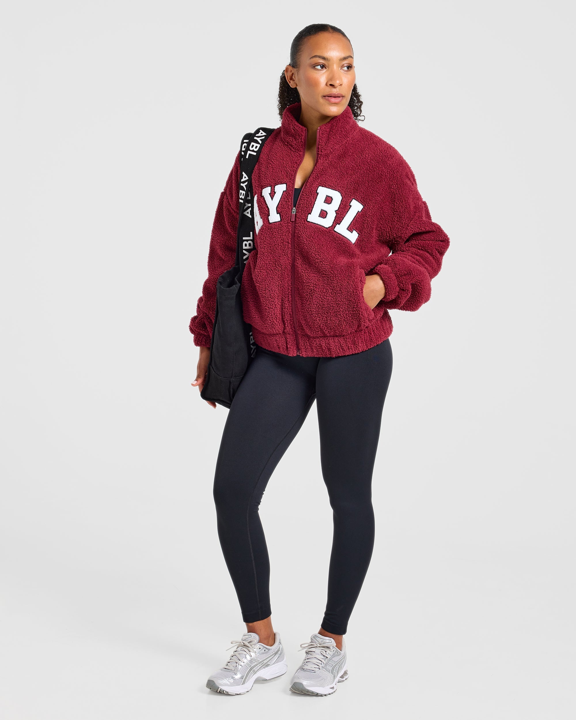 Varsity Oversized Fleece Zip Up Jacket - Mahogany Rot