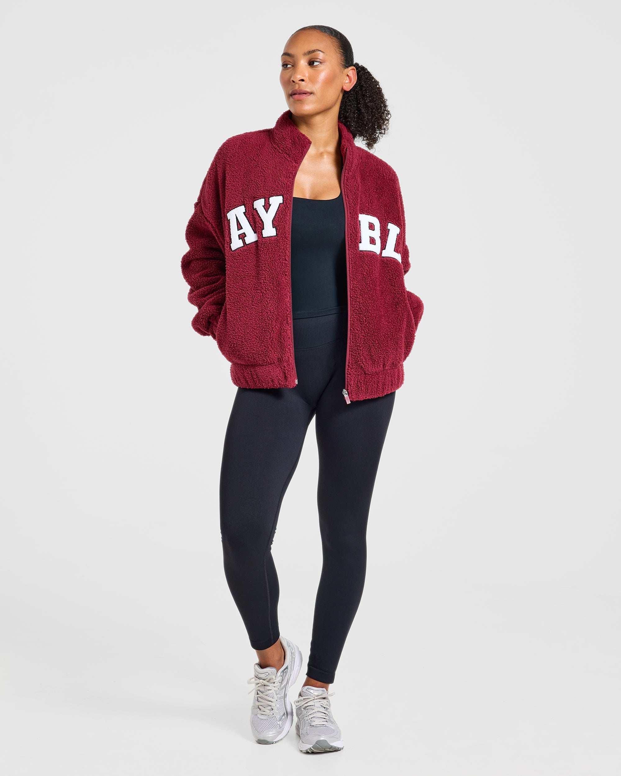 Varsity Oversized Fleece Zip Up Jacket - Mahogany Rot
