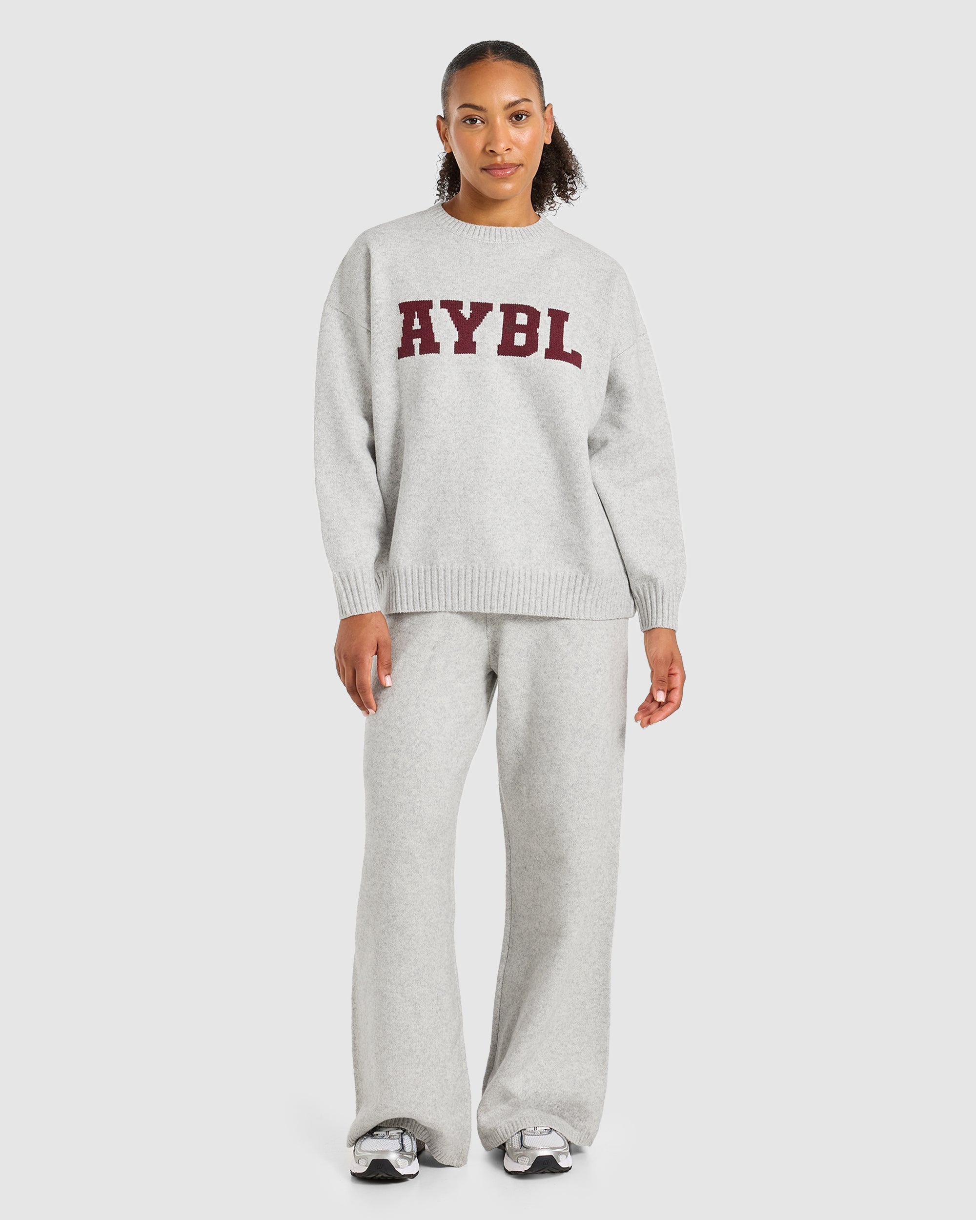 Varsity Oversized Knitted Joggers - Grau Marl/Burgundy