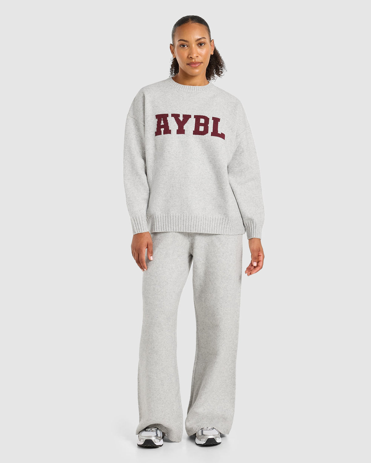 Varsity Oversized Knitted Sweater - Grau Marl/Burgundy