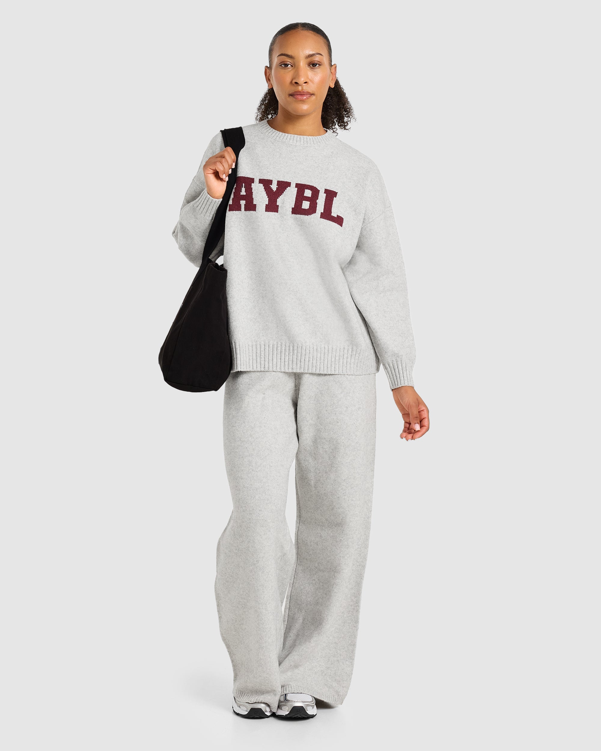 Varsity Oversized Knitted Sweater - Grau Marl/Burgundy